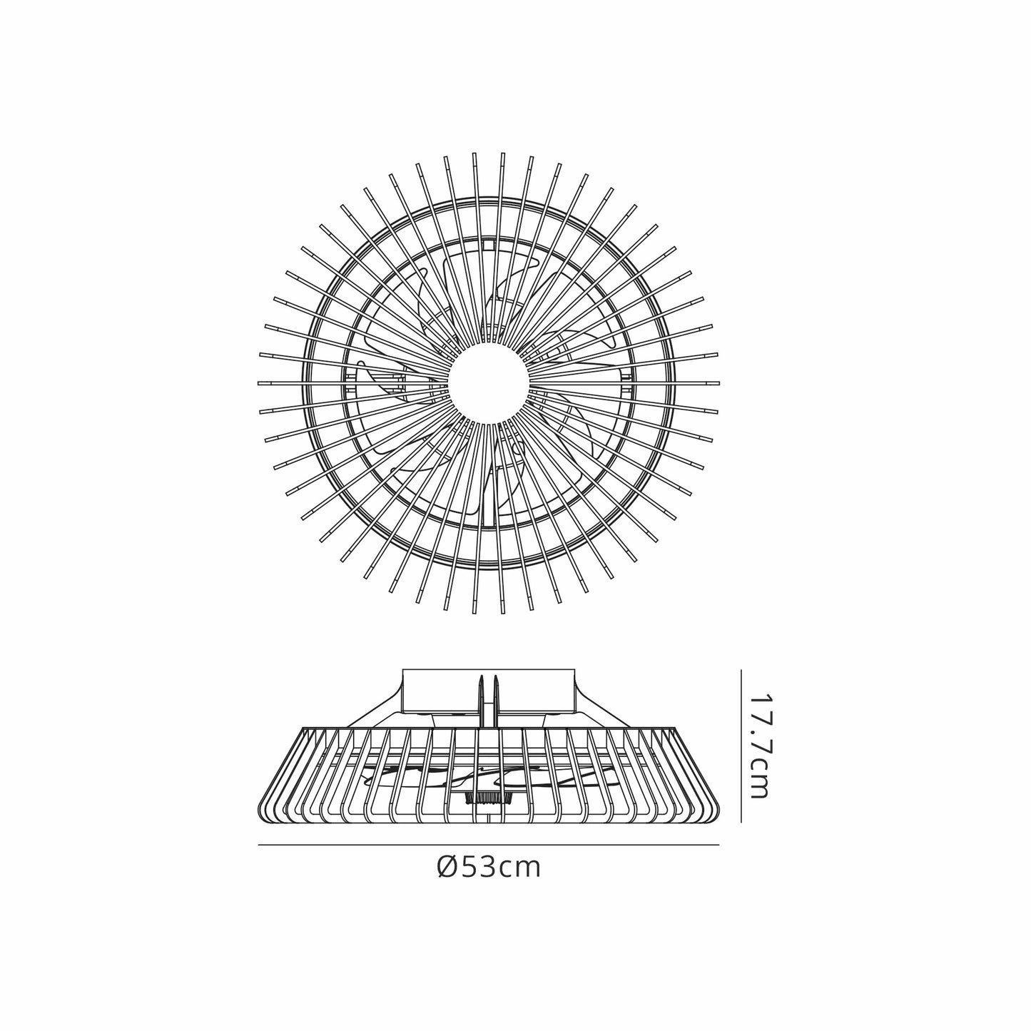 A technical line drawing of the Himalaya Mini White Ceiling Fan with Light by Ceiling Fans UK, viewed from above and the side. The fixture features numerous evenly spaced rods radiating outward from the center. Dimensions are indicated: 53 cm diameter and 17.7 cm height. This product includes a 70W LED round ceiling light with a 30W DC reversible fan, is tuneable, comes with remote control, and has a 5-year warranty.