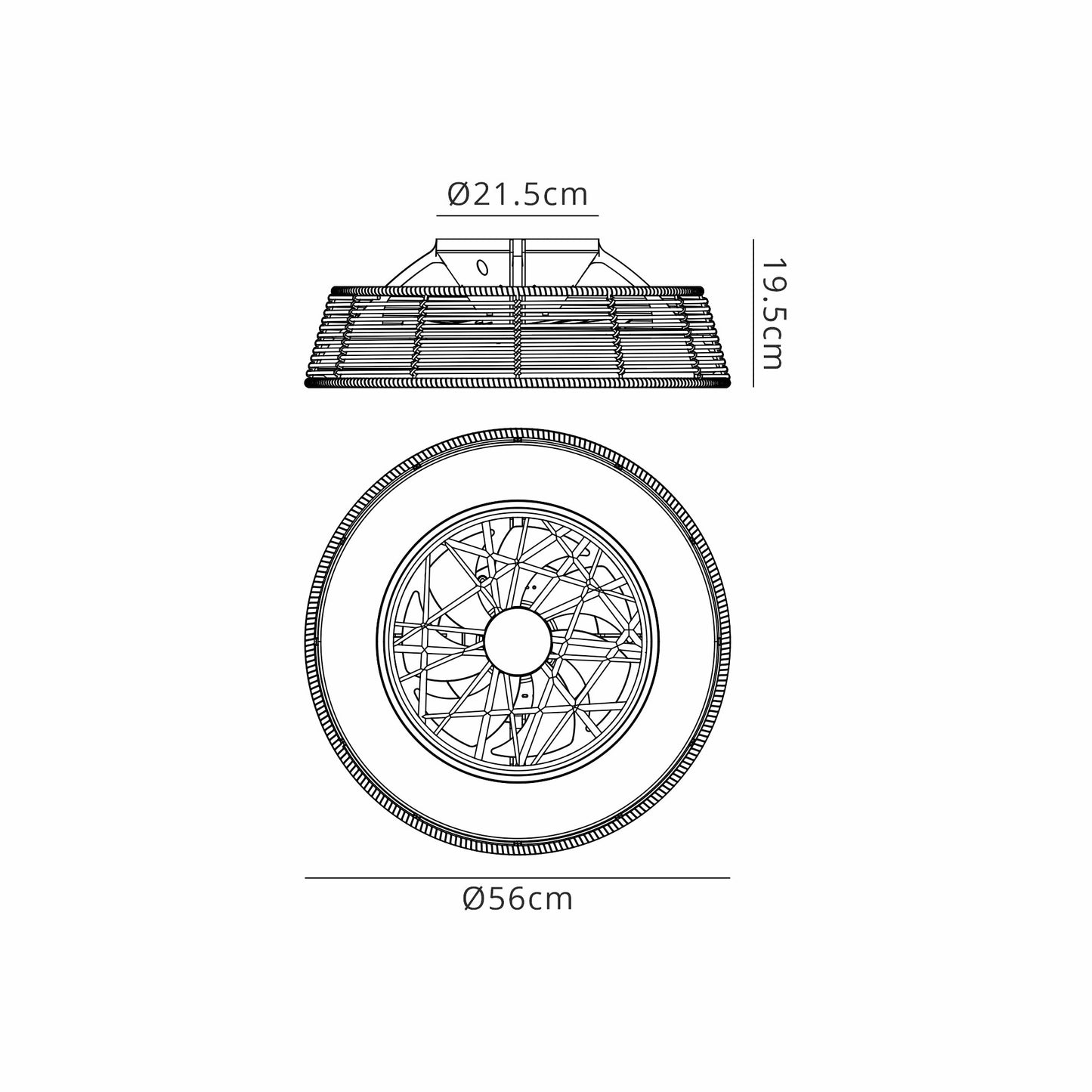 Technical drawing of the Indonesia Mini Beige Ceiling Fan with Light by Ceiling Fans UK, featuring a dimmable 55W LED light and a built-in 25W DC fan. The top view displays a wiring pattern, while the side view presents a profile with dimensions labeled as having a top diameter of 21.5 cm, a height of 19.5 cm, and a bottom diameter of 56 cm. This fan features beige rattan design, offers 3800 lumens brightness, includes remote control functionality, and is backed by a 5-year warranty.