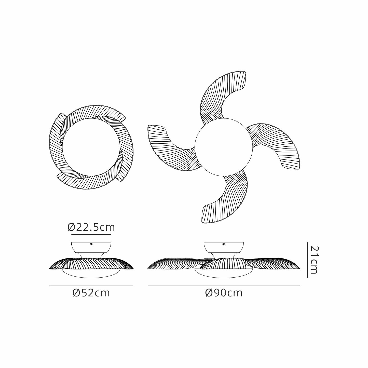 Diagram of the Aloha White/Wood Ceiling Fan fixture by Ceiling Fans UK, featuring dimensions and multiple views. Top views illustrate its three curved blades with measurements of 22.5 cm and a total span of 90 cm. Side views showcase the reversible fan's height at 21 cm and its diameter measuring 52 cm, along with the position of the LED dimmable ceiling light.