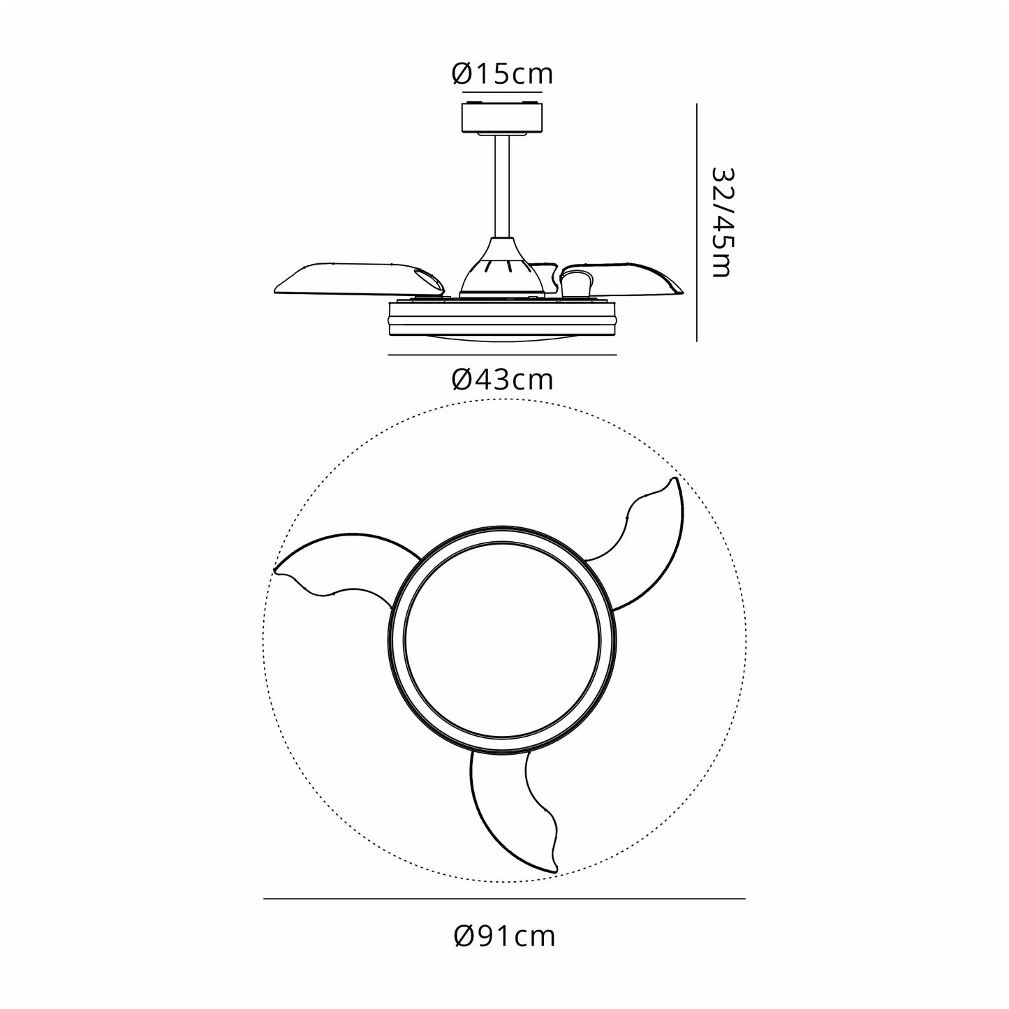 Diagram of a Ceiling Fans UK North White Ceiling Fan with Light. The top view illustrates a circular fan with three blades, having a diameter of 91 cm. The side view shows the fan's drop from the ceiling, which measures 32.45 cm from the ceiling to the blade tip, with a canopy diameter of 15 cm. This model features a built-in 28W DC reversible fan, an LED dimmable white/RGB ceiling light with 40W power consumption, and comes equipped with a remote control and is backed by a 5-year warranty.
