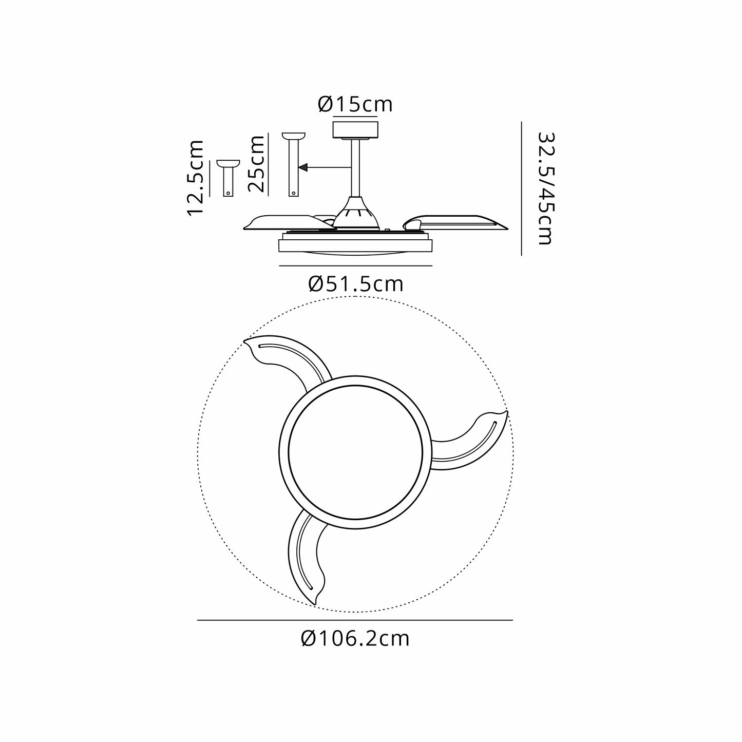 Technical drawing of the MANTRA M8828 Mistral Black Ceiling Fan by Ceiling Fans UK, with a 106.2 cm blade span, 51.5 cm housing diameter, dimmable 50W LED light, built-in 28W DC fan, remote control, two downrods (32.5/45 cm), and 5-year warranty.