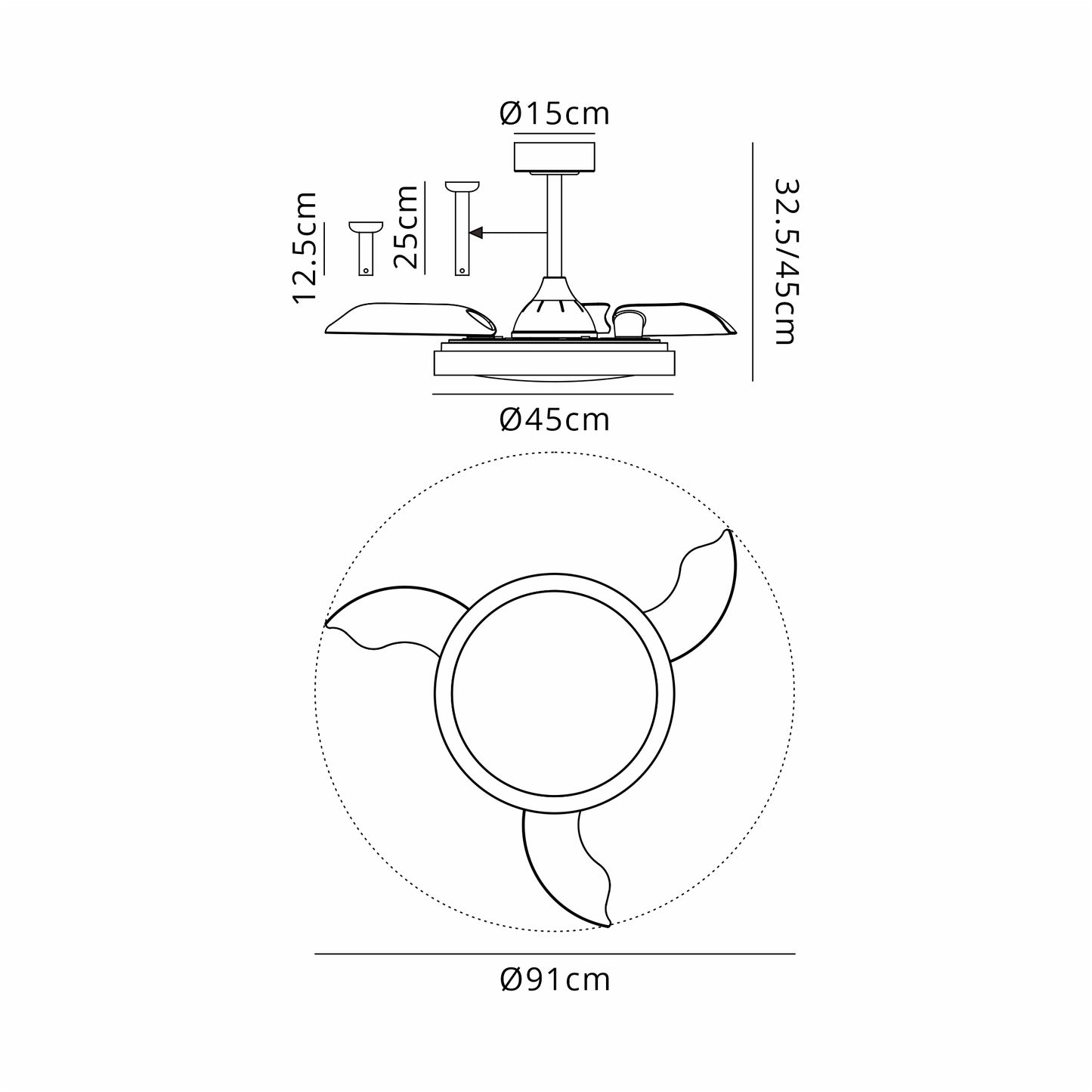 Line drawing of the Ceiling Fans UK MANTRA M8829 Mistral Mini White Ceiling Fan, showing side and bottom views with dimensions. Features 40W dimmable LED light, built-in 28W DC fan, remote control, & 5-year warranty.