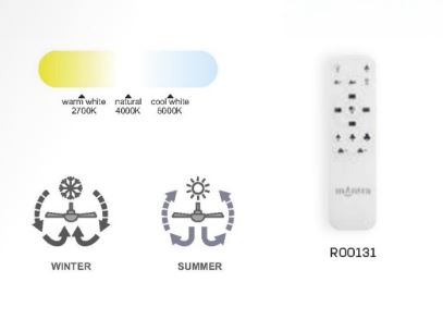 The RO0131 remote for the Kilimanjaro Mini White Fan with Beige Rattan Shade by Ceiling Fans UK enables LED dimming (2700K–5000K) and controls the 25W DC reversible fan for both summer and winter modes.