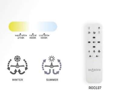 A remote control next to a 2700K–5000K scale and winter/summer icons highlights the MANTRA M8236 Ocean Ceiling Fan with Dimmable 60W LED light, built-in 35W reversible DC fan, from Ceiling Fans UK. 5-year warranty included.