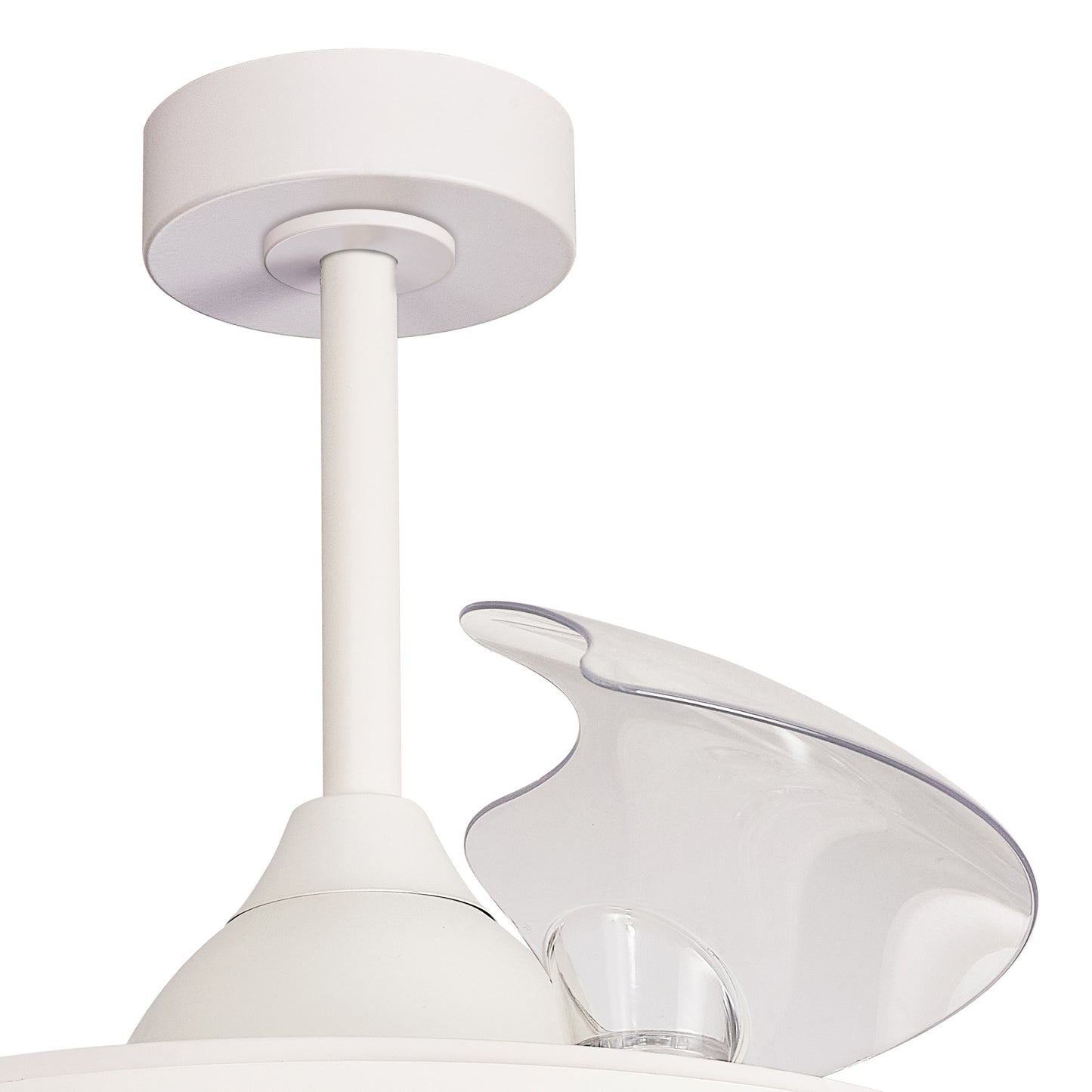 Close-up view of the Ceiling Fans UK "Alaska White Ceiling Fan with Light," showcasing its modern design with a white cylindrical motor housing and a glass lamp cover integrated into the fan unit. This sleek fan features a 50cm, 60W LED dimmable ceiling light and a built-in 30W DC fan, connected by a cylindrical downrod to the ceiling mount. Convenient remote and APP control further enhance its functionality, all backed by a 5-year warranty.