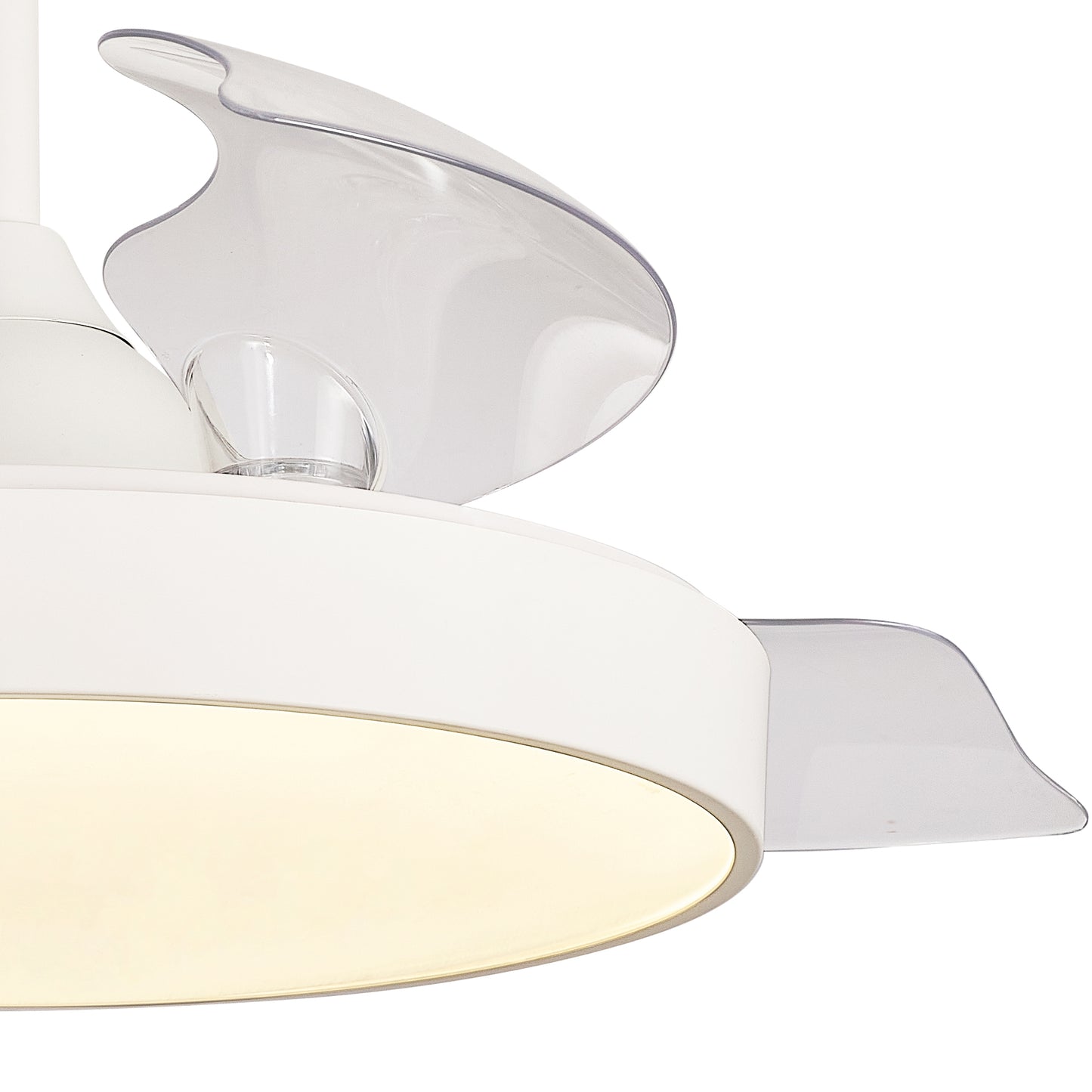 Close-up of the Alaska White Ceiling Fan from Ceiling Fans UK, featuring a minimalist design with smooth white housing and wing-shaped translucent blades. The integrated 60W LED dimmable ceiling light emits a soft, warm glow, while the built-in 30W DC fan offers powerful performance. This modern ceiling fan is partially visible in the image and comes with remote and APP control for convenient operation. Enjoy peace of mind with a 5-year warranty.