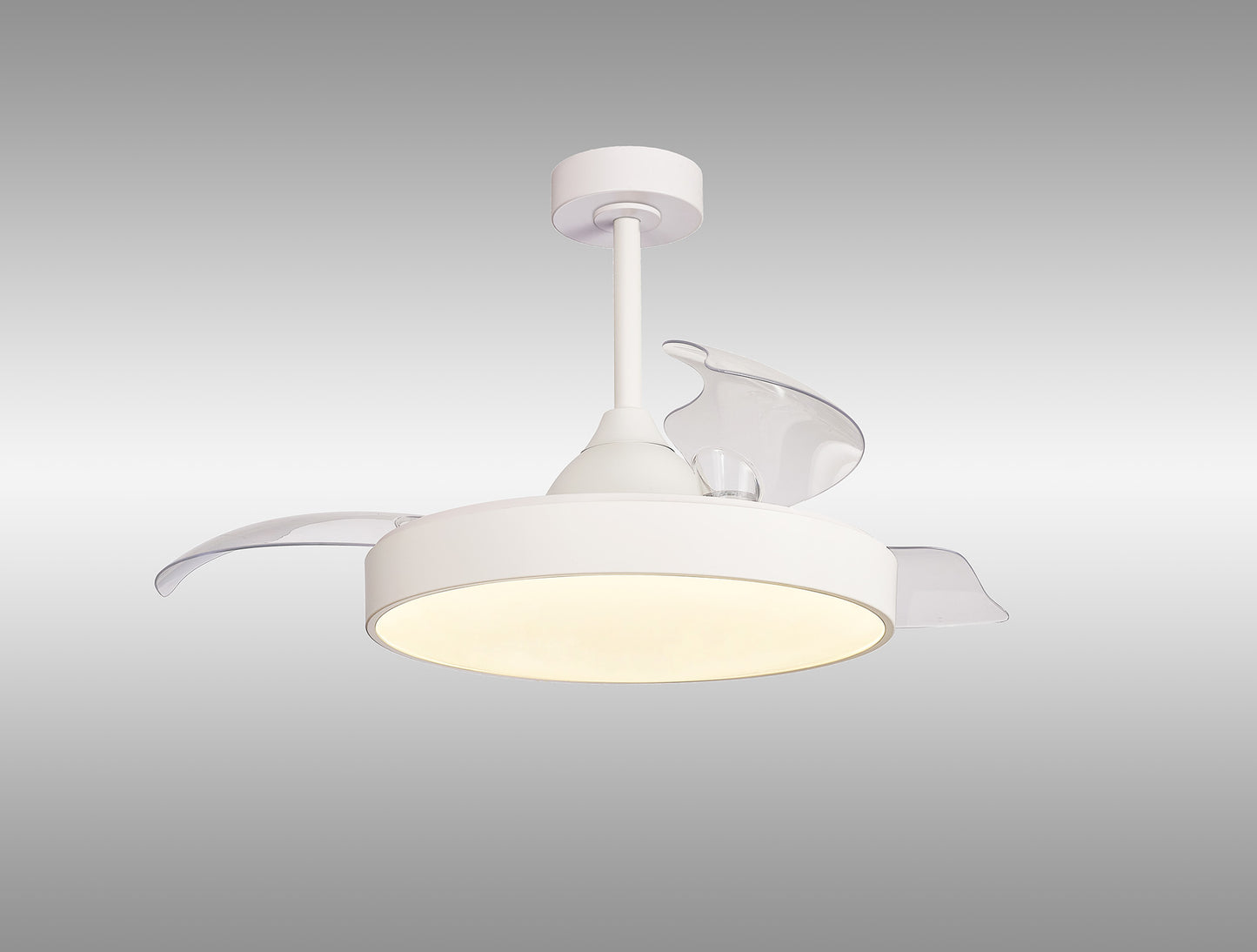 The Alaska White Ceiling Fan with Light from Ceiling Fans UK boasts a modern design featuring three transparent blades and a central round LED light. Mounted on a white rod against a gradient gray background, this 50cm ceiling fan combines contemporary lighting with efficient air circulation. It offers added convenience through Remote & APP Control and includes a powerful built-in 30W DC fan, all backed by a 5-year warranty.