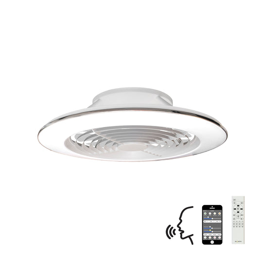 A modern white ceiling fan with a sleek design, featuring an LED dimmable ceiling light and integrated lighting. The image shows the Alisio XL White Ceiling Fan with Light 73.5cm by Ceiling Fans UK from a low angle. Below the fan are icons depicting Alexa/Google voice control, a smartphone app with adjustable settings, and a remote control.