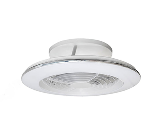 The Ceiling Fans UK M7493 Alisio Mini is a sleek, round white ceiling fan (52.5cm) with 70W dimmable 4900lm LED light, built-in 30W DC reversible fan, and remote control, shown on a plain white background.