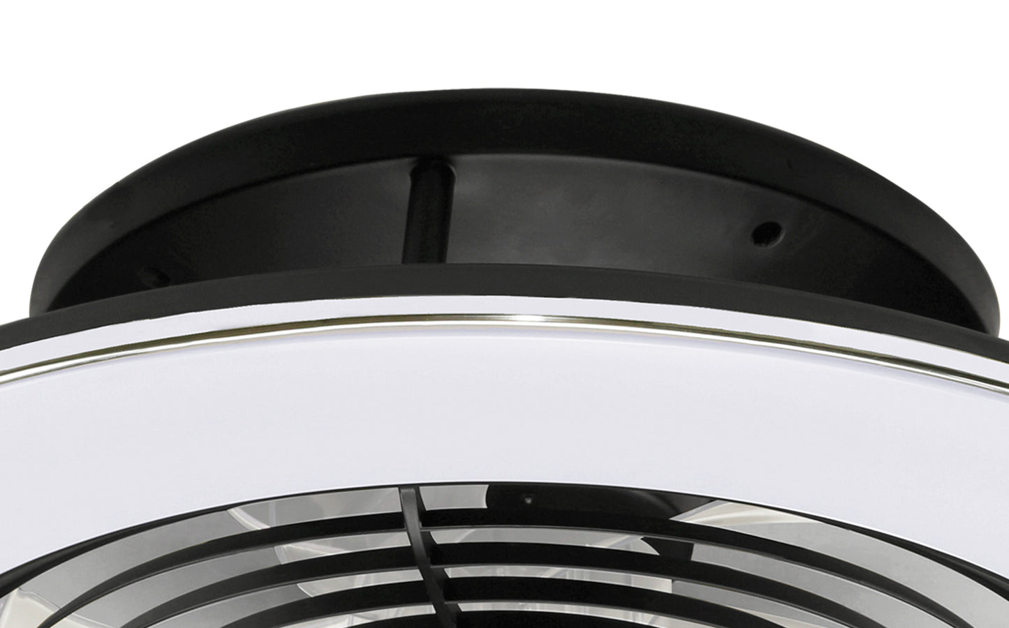 Close-up of the Alisio Black Ceiling Fan with Light by Ceiling Fans UK, showcasing its sleek, circular mount. The white and metallic blades are partially visible through a protective grill. Featuring a 63cm 70W LED dimmable ceiling light and remote control, this minimalist and contemporary design is ideal for modern interior decor.
