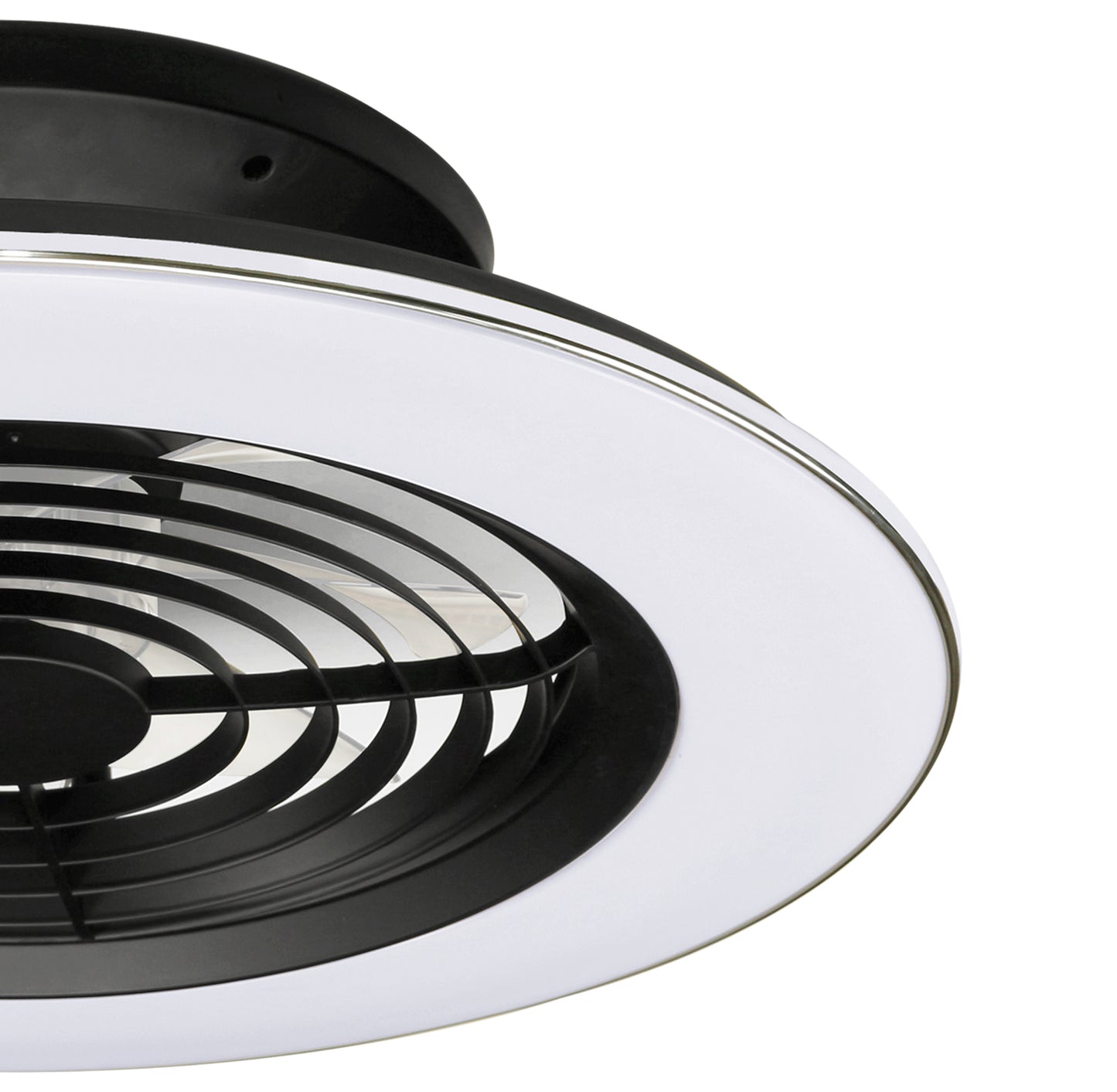 Close-up image of the Alisio Black Ceiling Fan with Light by Ceiling Fans UK. This modern ceiling-mounted fan features a circular design with a black inner section housing the blades, which are protected by a black grating, and a contrasting white outer ring. The 63cm fan incorporates a 70W dimmable LED ceiling light and includes both remote control and app control for added convenience.