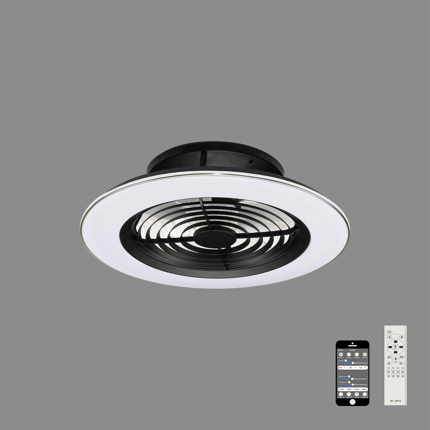 The Alisio Black Ceiling Fan with Light by Ceiling Fans UK, featuring a 63cm 70W LED dimmable circular light ring around the blades and a built-in 35W DC reversible fan, is showcased against a plain gray background. A remote control and a smartphone displaying the app for control are positioned to the right of the fan for demonstration purposes.