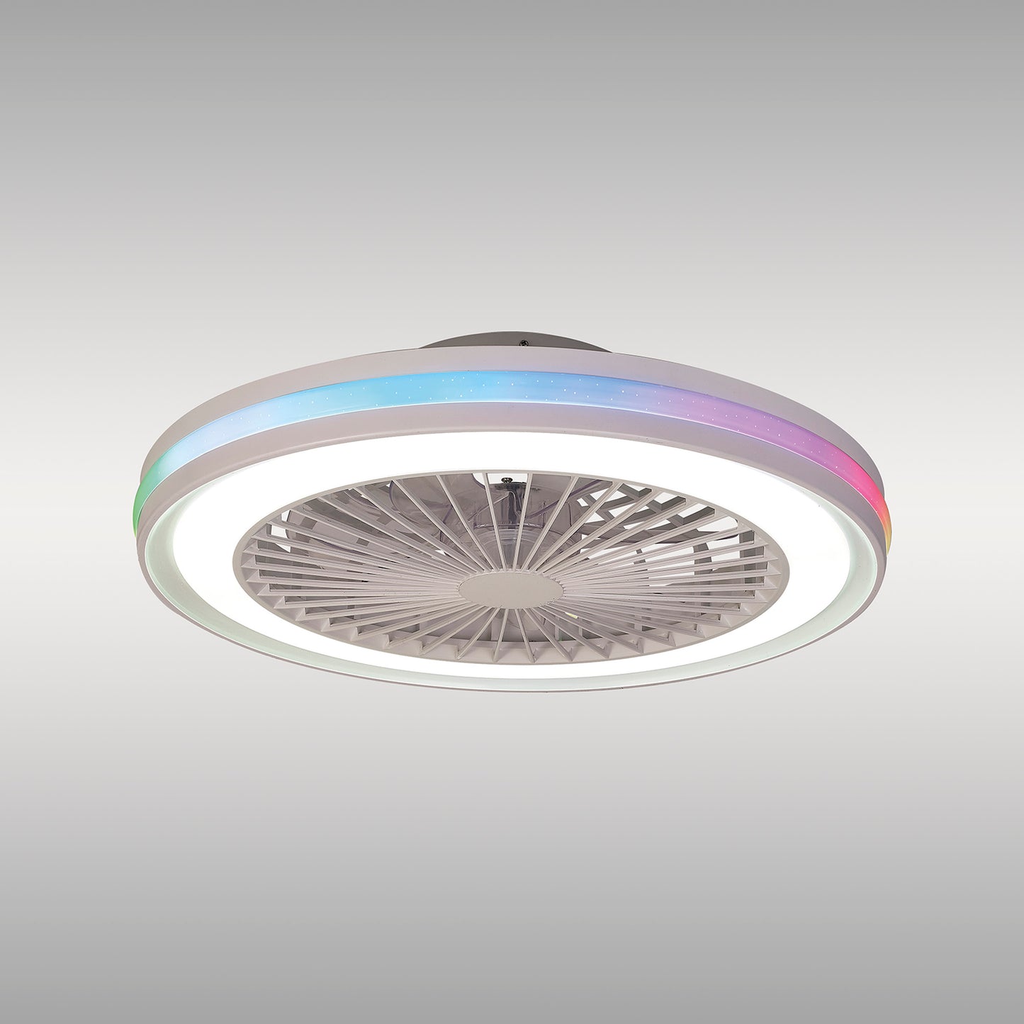 The Ceiling Fans UK Gamer Small White Ceiling Fan with Light features a sleek circular design, integrating a 47cm 40W LED Dimmable White/RGB ceiling light and equipped with multiple, evenly spaced blades encased within the ring. Its ambient RGB LEDs transition smoothly from blue to violet, creating a stylish atmosphere along with functionality. This product also includes a built-in 20W DC reversible fan and comes with a convenient remote control.