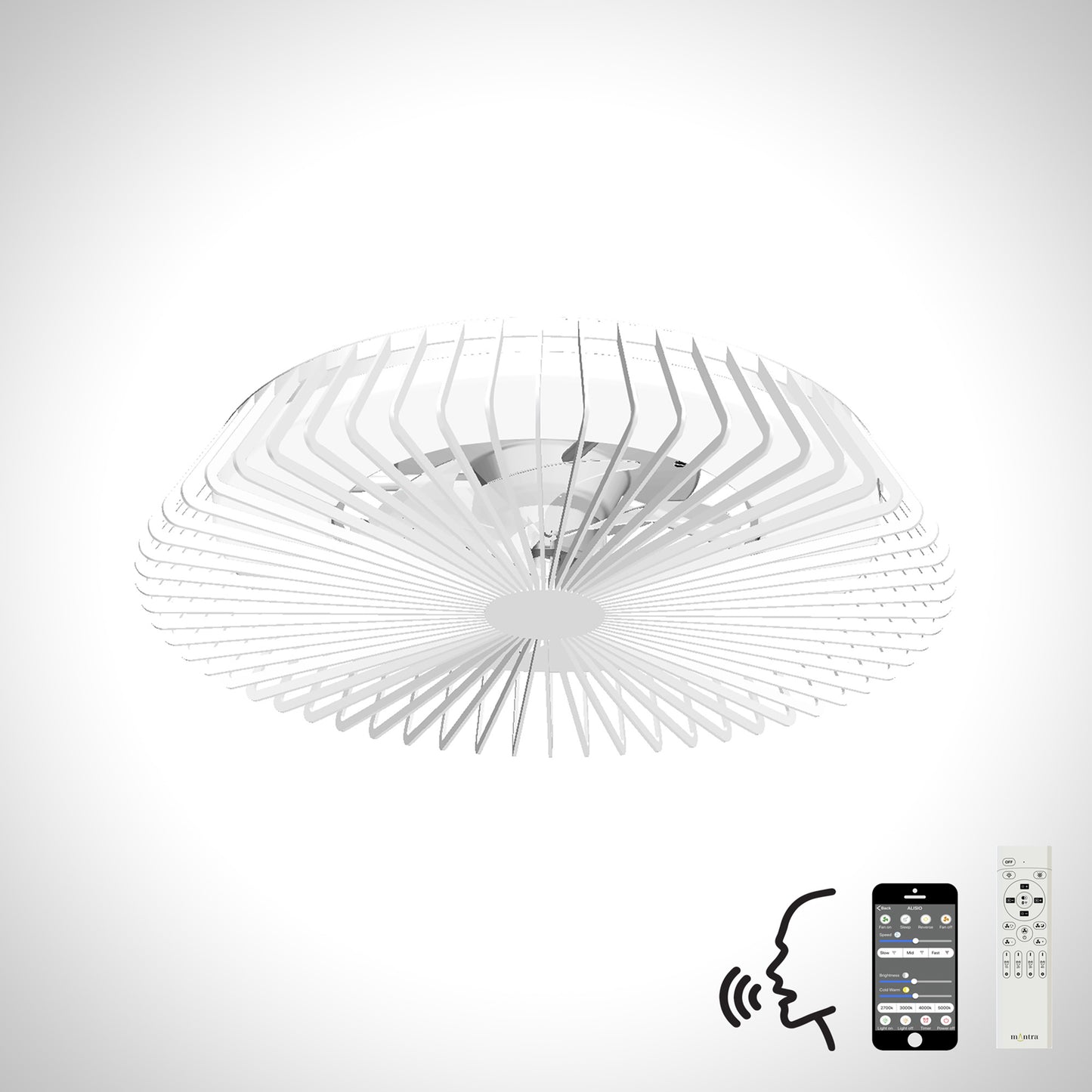 The Himalaya White Ceiling Fan from Ceiling Fans UK features a contemporary LED dimmable light with a circular, geometric design and evenly spaced radial slats. It includes illustrations of Alexa/Google Voice Control icons and a smartphone, highlighting its smart control options via remote, app, or voice commands.