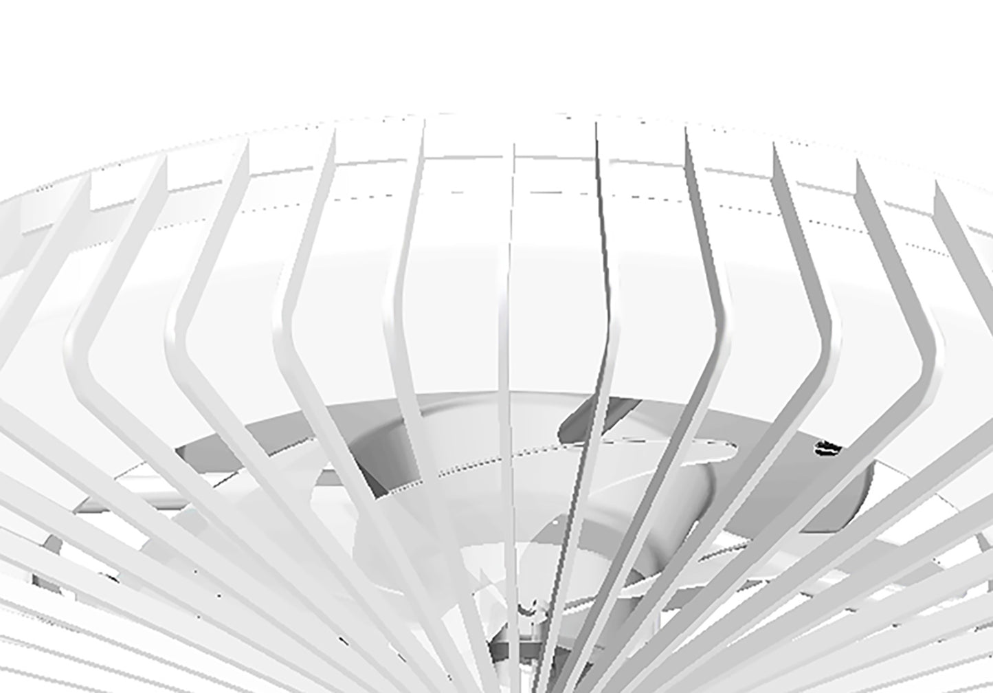 A close-up of the Himalaya White Ceiling Fan with Light by Ceiling Fans UK highlights its protective grille, showcasing the elegantly curved blades. The image emphasizes its geometric design and modern aesthetic, featuring a 70W LED dimmable light to enhance both functionality and style.