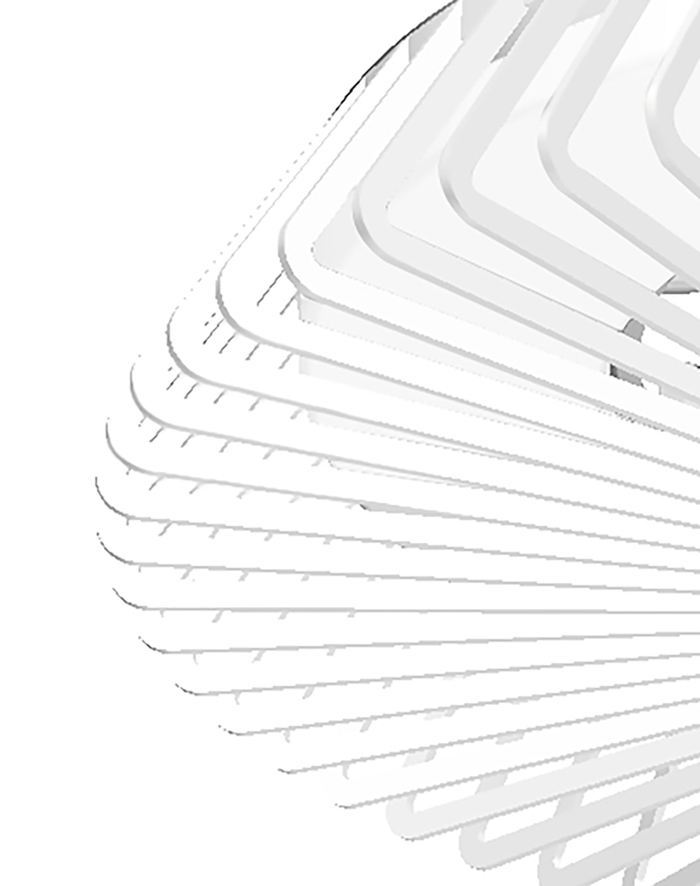 A close-up image of a series of overlapping, angular shapes mirrors the dynamic symmetry found in the design of the Himalaya White Ceiling Fan with Light by Ceiling Fans UK. This abstract composition against a white background captivates with its intricate pattern, evoking the sleek modernity of its 70W LED dimmable lights.