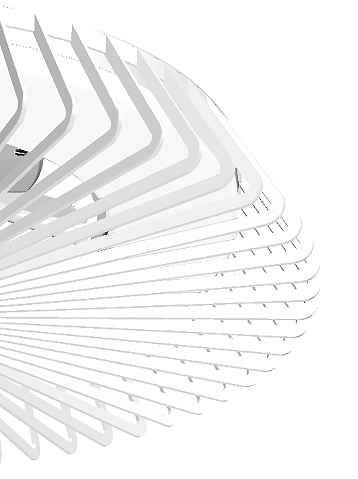 The architectural design evokes the Himalaya White Ceiling Fan with Light by Ceiling Fans UK, featuring modern, abstract layers of overlapping white panels arranged in a circular pattern. This dynamic, fan-like structure mirrors the sleek blades and innovative aesthetic of this elegant ceiling fixture.