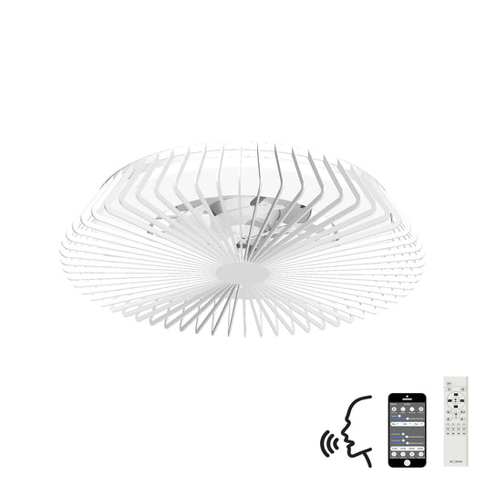 The Ceiling Fans UK Himalaya White Ceiling Fan features a modern, circular design with a 63cm span and is equipped with a 70W LED dimmable light. Its smart capabilities are highlighted by the use of both a remote and smartphone app, along with Alexa/Google voice control for seamless operation.