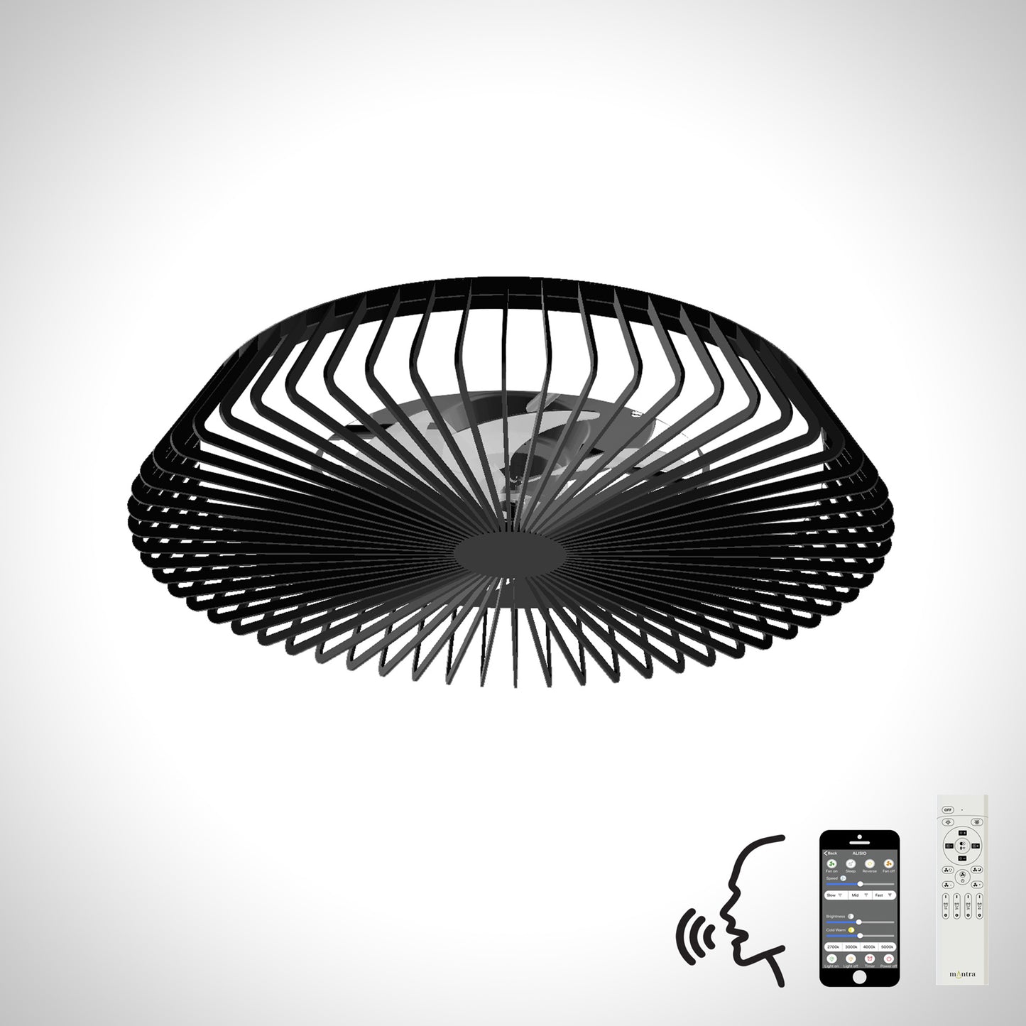 The Ceiling Fans UK Himalaya Black Ceiling Fan with a 63cm reach and a contemporary, cage-like design offers seamless control through its built-in smart technology. Easily manage it using your smartphone or Alexa/Google Voice Control, and enhance your space with the ambiance created by its 70W LED dimmable light.