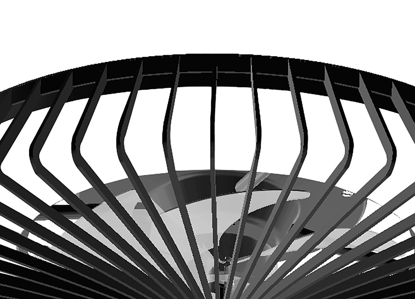 Close-up of the Ceiling Fans UK Himalaya Black Ceiling Fan with Light, featuring black blades and a protective grille, viewed from below against a white background. The fan blades peek through the grille bars, casting intricate patterns of lines and shadows that highlight its sleek design.