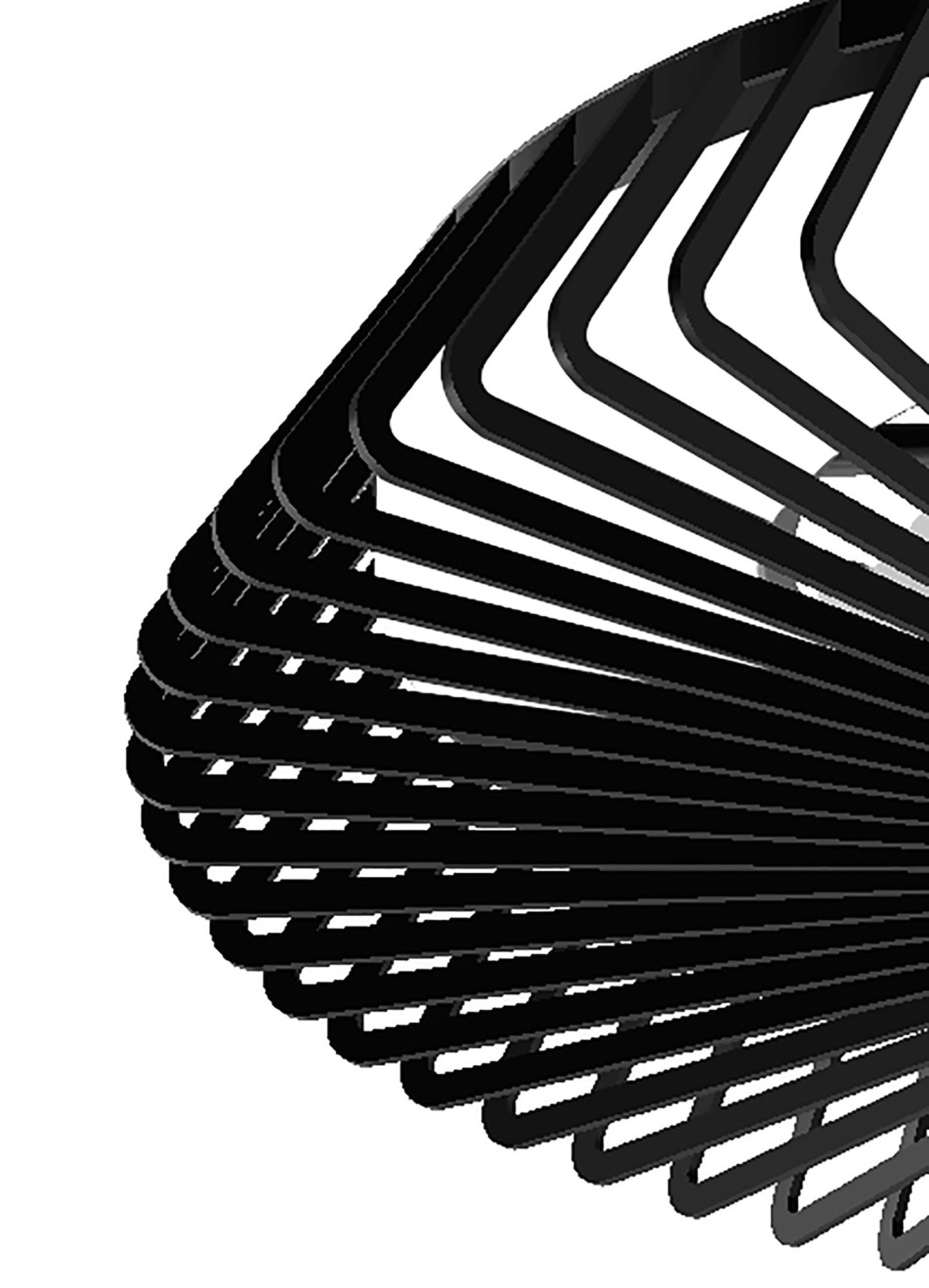 Inspired by the sleek design of the Himalaya Black Ceiling Fan with Light by Ceiling Fans UK, black metal bars overlap in a visually striking spiral pattern against a white background, creating a sense of motion and depth.