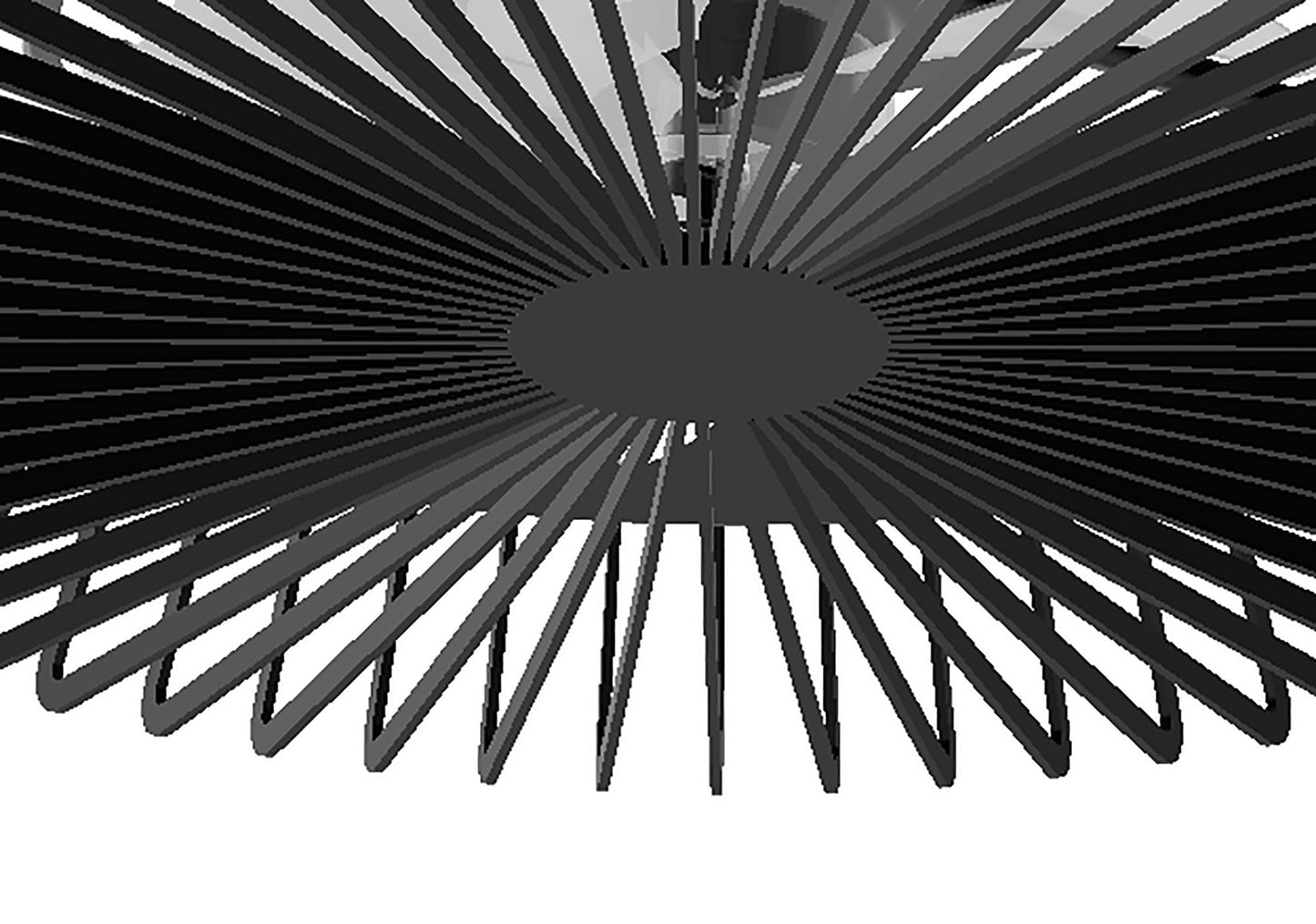 A black and white abstract image featuring numerous elongated, radial lines converging toward a central circular area, reminiscent of the design of the Ceiling Fans UK Himalaya Black Ceiling Fan with Light, which comes with a 63cm blade span, 70W LED light, built-in 35W DC reversible fan, and is controllable via remote, app, or Alexa/Google voice commands.