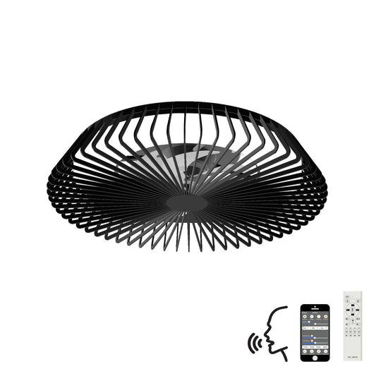 Introducing the Ceiling Fans UK Himalaya Black Ceiling Fan with Light, boasting an abstract cage-like design on a white background. This 63cm fan includes a 70W LED dimmable light and a built-in 35W DC reversible fan, offering effortless control via remote, smartphone app, and Alexa/Google voice commands.