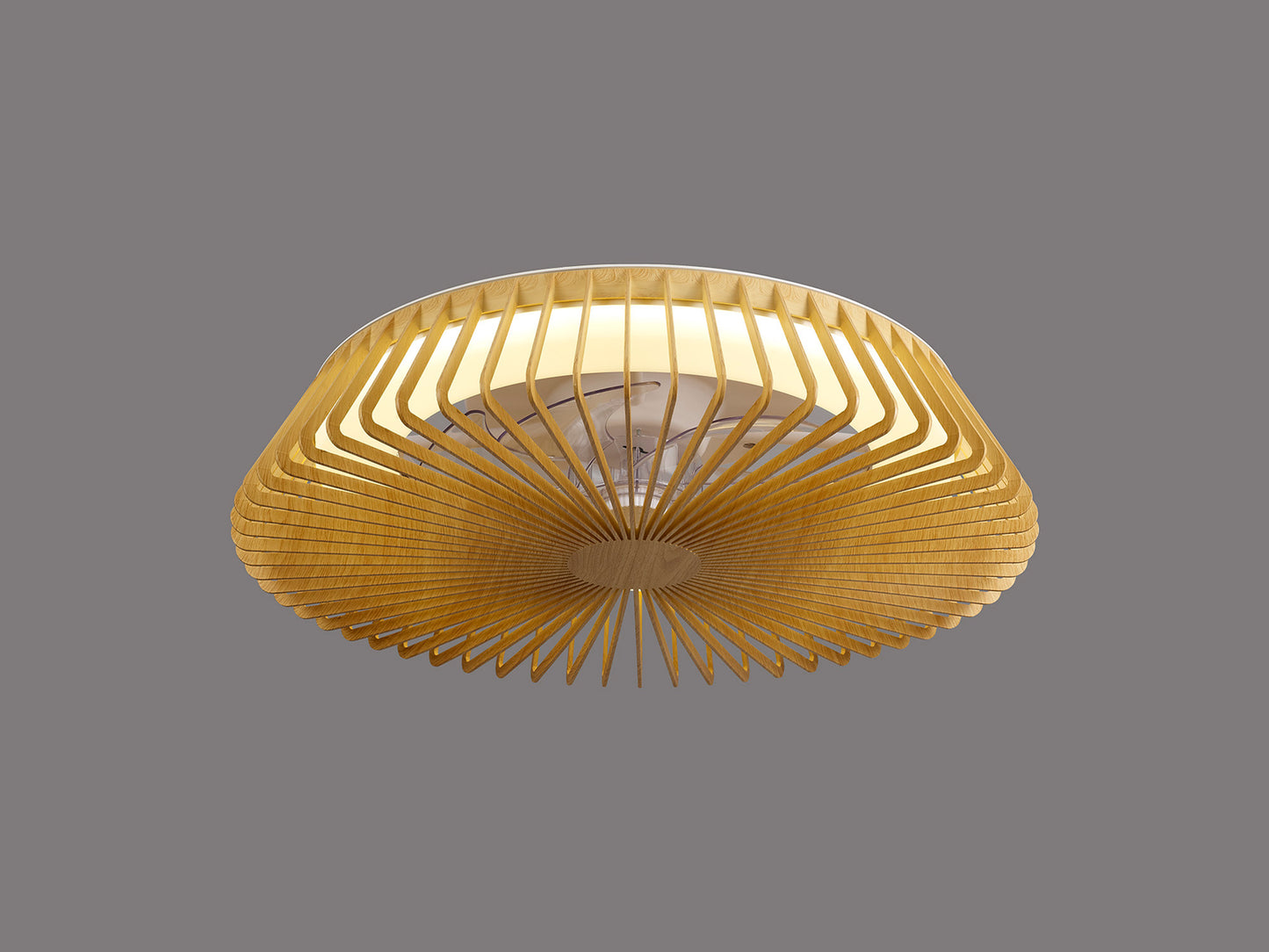 The Himalaya Wood Ceiling Fan with Light from Ceiling Fans UK features a sleek wooden slatted design that casts a warm glow against a gray background. Its circular shape and intricate pattern offer a stylish, contemporary look, enhanced by the 70W LED dimmable light. This fixture is compatible with Alexa/Google Voice Control for seamless integration into any modern home.