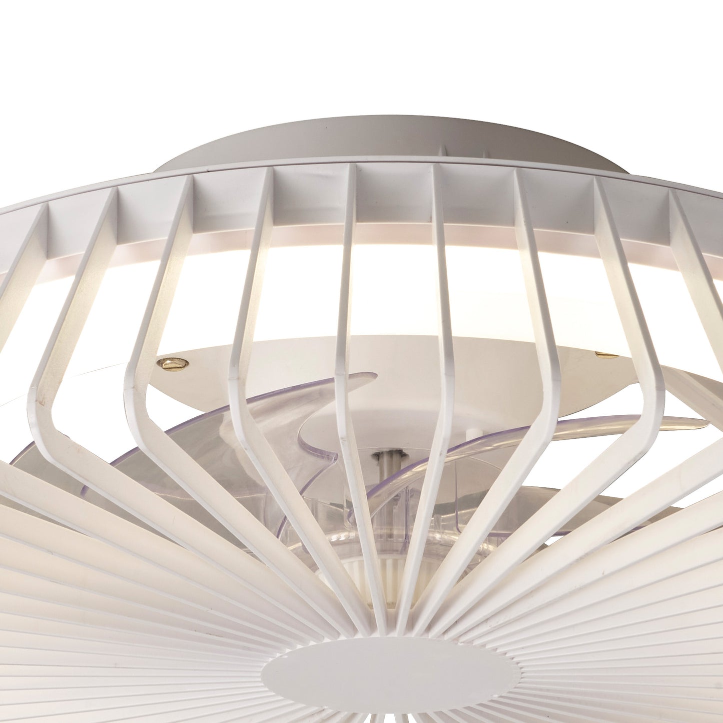 Close-up of the Ceiling Fans UK Himalaya Mini White Ceiling Fan with Light 53cm. Showcasing a minimalistic design, the fan features a 70W LED round ceiling light at the center, surrounded by sleek white blades and a cage-like structure, emphasizing its contemporary and sophisticated aesthetic. The tuneable 30W DC reversible fan includes remote control functionality and comes with an impressive 5-year warranty.
