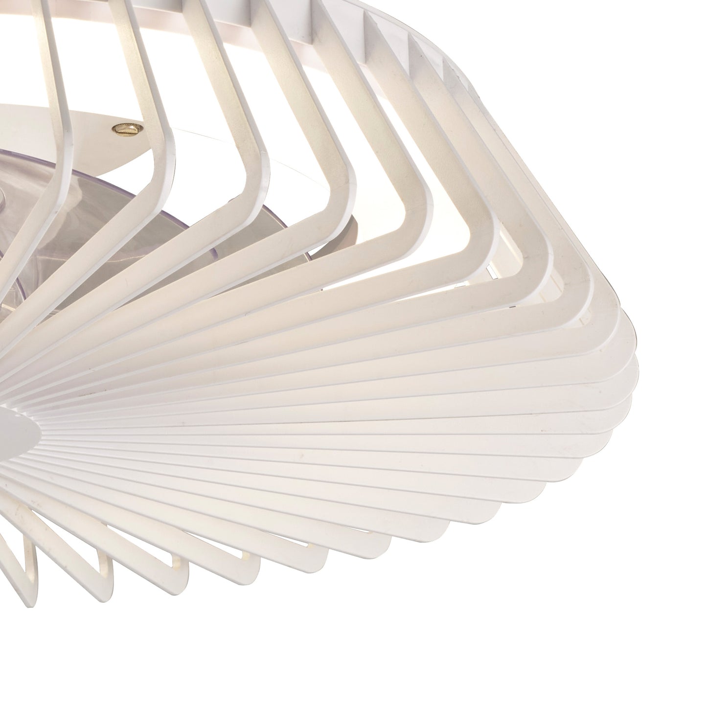 Ceiling Fans UK's Himalaya Mini White Ceiling Fan with Light combines a modern, geometric design featuring angled rectangular slats radiating outward to create a fan-like appearance. This 53cm, 70W LED Round Ceiling Light with a 30W DC reversible fan offers a sleek, contemporary look and includes a remote control for convenient adjustments. It also comes with a 5-year warranty.