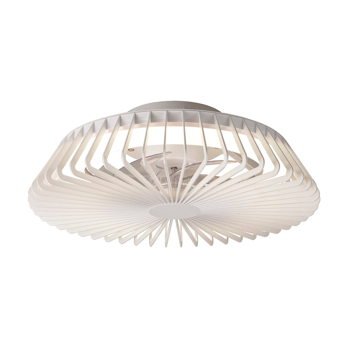 Introducing the Himalaya Mini White Ceiling Fan with Light by Ceiling Fans UK. This modern, sculptural fixture features a circular design with a white, slatted outer frame forming a sunburst pattern. It encases a 53cm 70W tuneable LED Round Ceiling Light combined with a 30W DC reversible fan. The clean lines and geometric shapes of this ceiling fan provide it with a contemporary look. It also comes equipped with remote control and offers a 5-year warranty for your peace of mind.