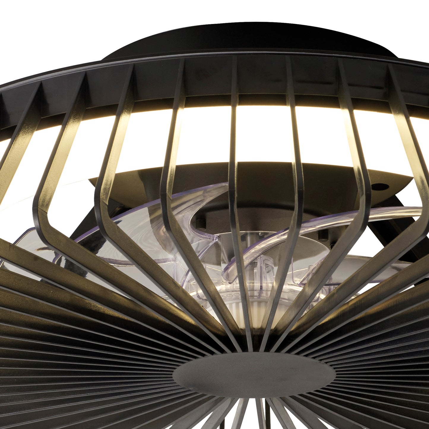 Close-up view of the Ceiling Fans UK Himalaya Mini Black Ceiling Fan with Light. This stylish 53cm ceiling fan features a 70W LED round ceiling light and a 30W DC reversible fan, all controlled by a remote. The image highlights the illuminated area encircled by sleek, evenly spaced blades in a radial pattern, emphasizing the fan's contemporary design and functionality. Comes with a 5-year warranty.