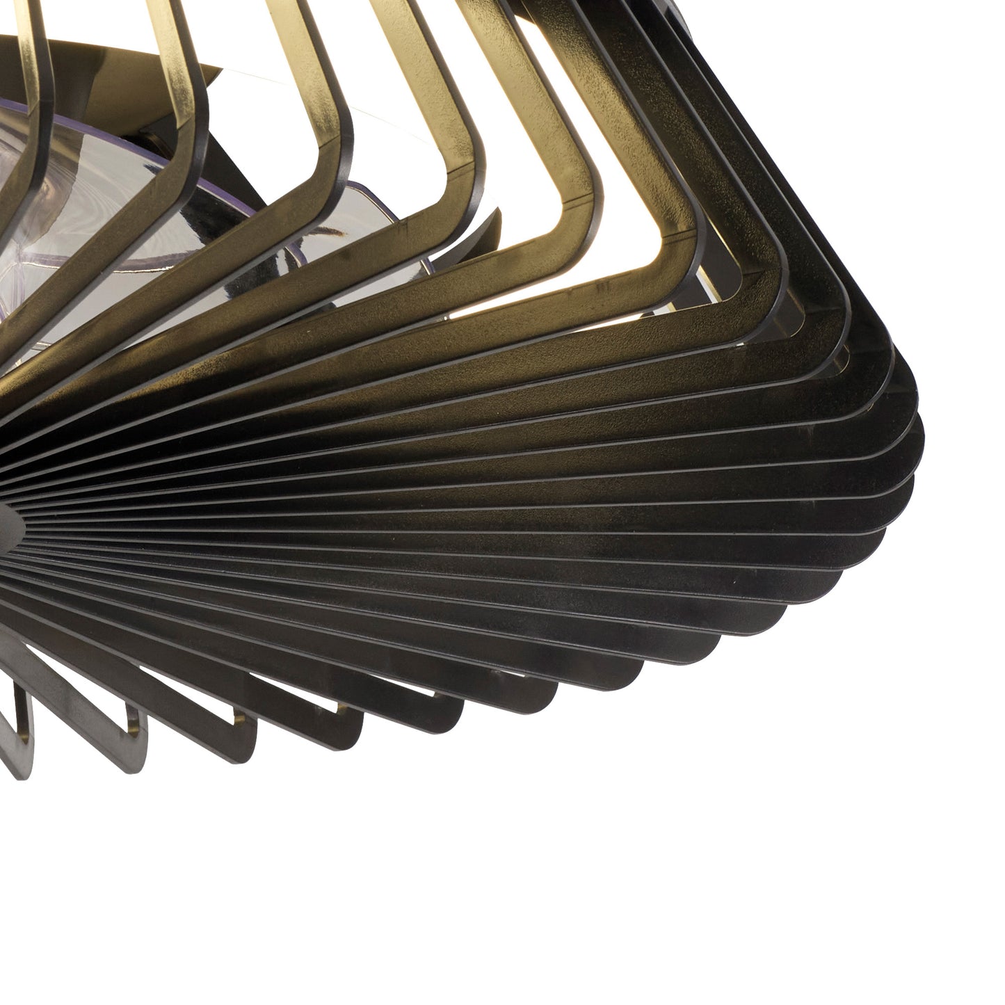 Close-up of the Himalaya Mini Black Ceiling Fan with Light, a modern and geometrically designed fixture from Ceiling Fans UK. This 53cm 70W LED Round Ceiling Light features metallic, fan-shaped elements radiating outward, creating an intricate and overlapping pattern that highlights its sleek and contemporary aesthetic. The image also showcases the integrated 30W DC reversible fan, emphasizing its sophisticated design and functionality.