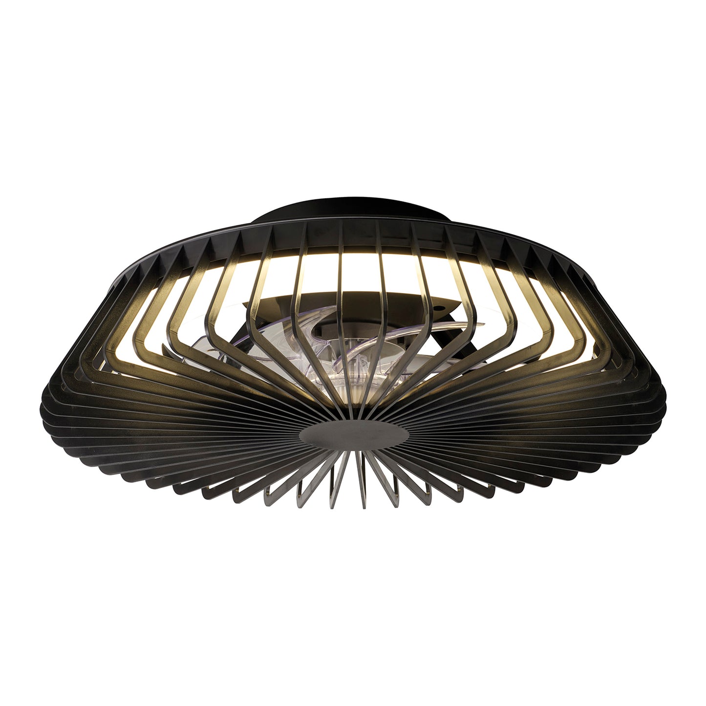 The Himalaya Mini Black Ceiling Fan with Light by Ceiling Fans UK is a modern LED round ceiling light with a sleek circular design. It features evenly spaced black vertical slats radiating from the center, where a central 70W LED light bulb is encased in a frosted diffuser, offering a soft and ambient glow. This 53cm ceiling fan also includes a 30W DC reversible fan and comes with remote control and a 5-year warranty.