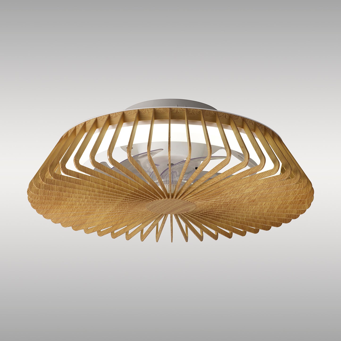 The Himalaya Mini Wood Ceiling Fan by Ceiling Fans UK features a cutting-edge 53cm LED ceiling light with a wooden, slatted design that elegantly encircles the structure. This innovative piece creates a sophisticated and artistic look with its central transparent bulb set against a neutral gray background.