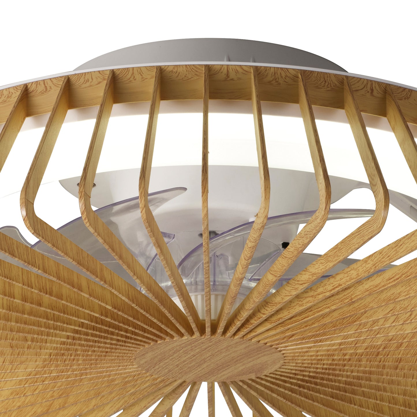 Close-up view of the Himalaya Mini Wood Ceiling Fan by Ceiling Fans UK, featuring a modern design with a wooden lattice and transparent curved panels, forming a geometric pattern. This 53cm fixture combines natural wood with sleek, translucent materials in its 70W LED ceiling light and 30W DC fan, creating intricate shadows. It offers tuneable white lighting from 2700-5000K and delivers up to 4900 lumens, all controllable via remote with a 5-year warranty included.