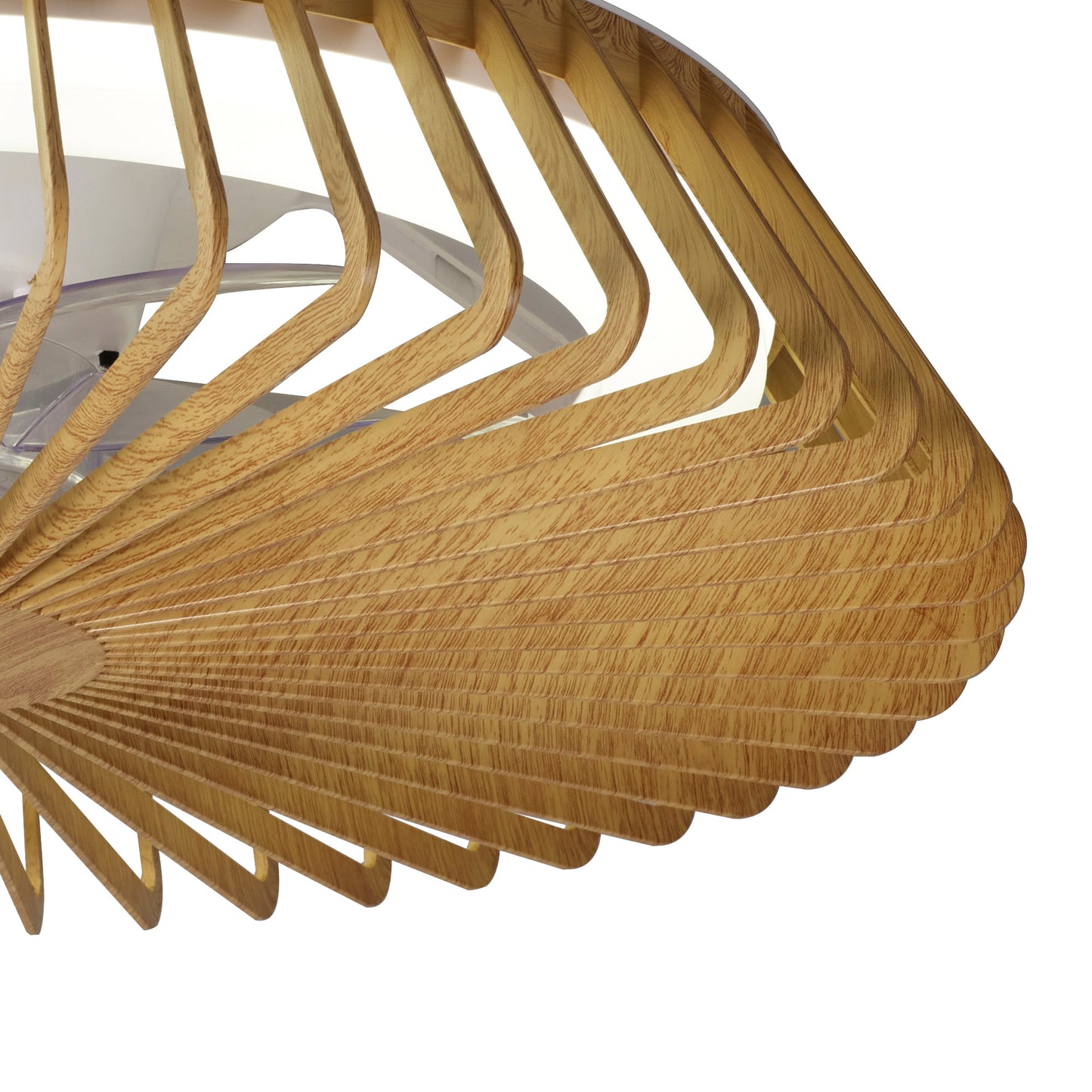 Close-up of the Himalaya Mini Wood Ceiling Fan by Ceiling Fans UK, showcasing a modern geometric design with LED slats that cascade outward for a layered effect. Its remote-control functionality and elegant structure are beautifully highlighted against a plain white background. This 53cm fixture features a 70W LED light with tuneable white from 2700-5000K, delivering 4900 lumens and comes with a 30W DC fan and a five-year warranty.