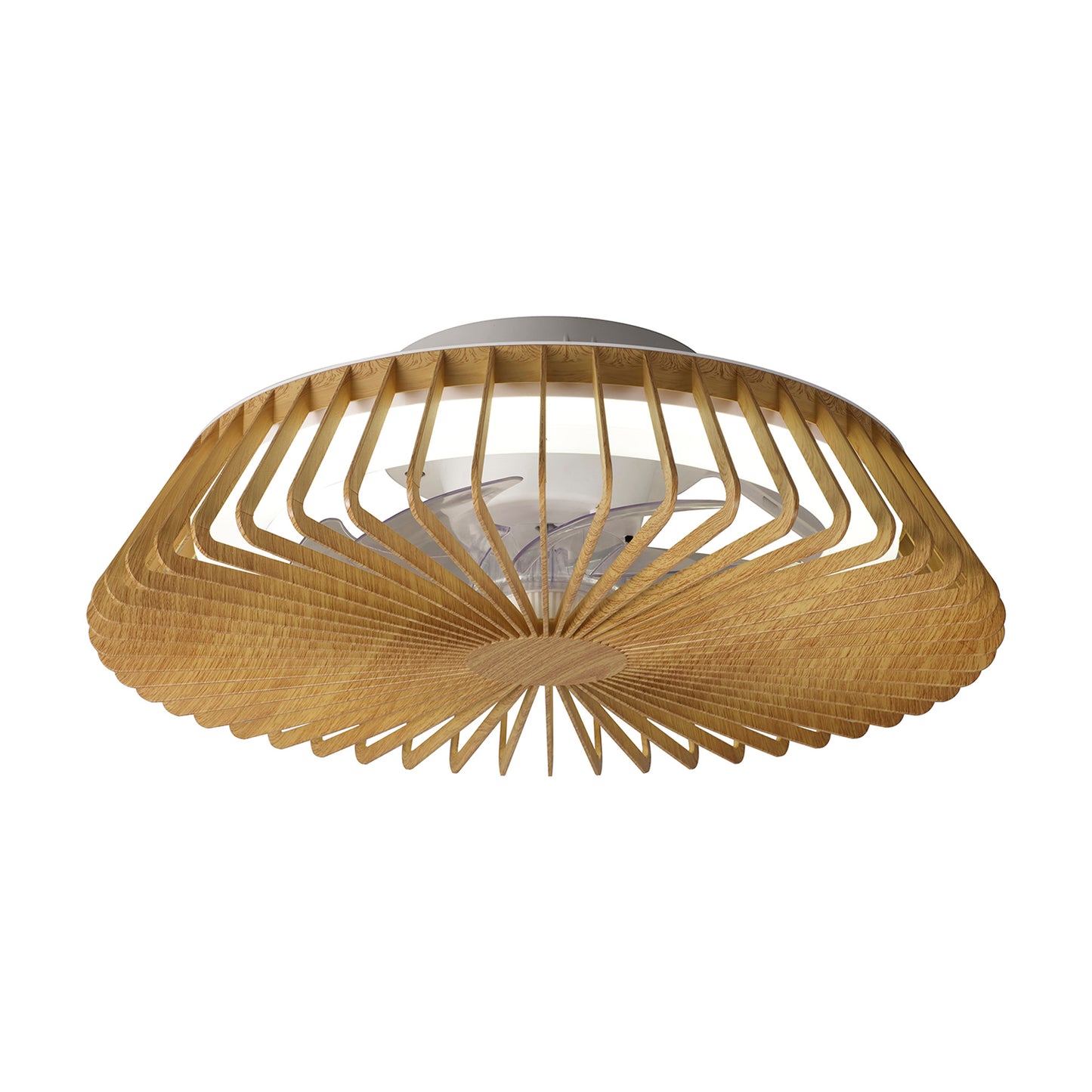 The Himalaya Mini Wood Ceiling Fan by Ceiling Fans UK is a contemporary ceiling fixture featuring an elegant, circular design with thin wooden slats extending outward from the center. This 53cm LED ceiling light provides a minimalist and geometric look, complemented by a 70W LED light and suspended by a white fixture. It offers tuneable white lighting ranging from 2700K to 5000K and includes a remote control for easy operation, backed by a five-year warranty.