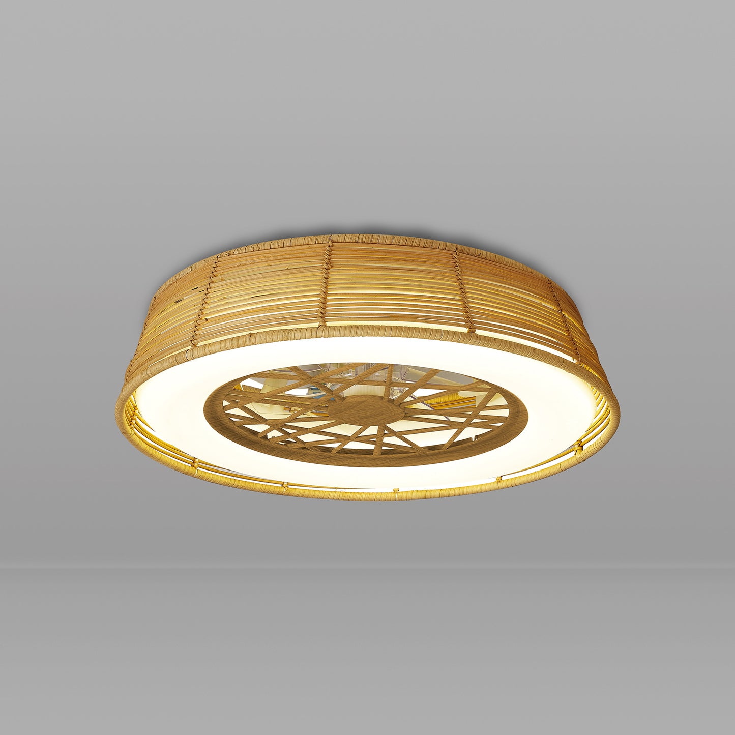 The Indonesia Mini Beige Ceiling Fan with Light by Ceiling Fans UK features a woven beige rattan design and a centrally located dimmable 55W LED light, complemented by a built-in 25W DC fan. Drawing inspiration from the elegance of Indonesian craftsmanship, this 56cm fixture is suspended against a plain grey background, generating a warm and natural ambiance. Additionally, it offers convenient remote control operation and comes with a reassuring 5-year warranty.