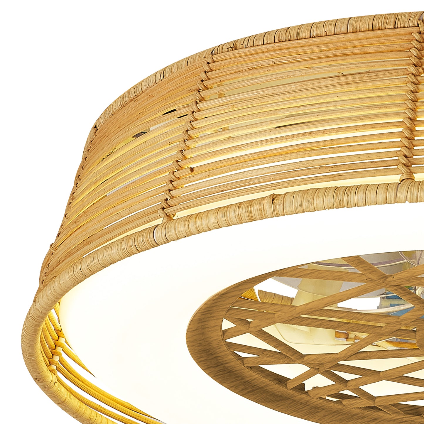 Close-up of a circular ceiling light from Ceiling Fans UK, featuring beige rattan woven intricately in an Indonesia Mini Ceiling fan with Light design. It emits a warm glow from its dimmable 55W LED and showcases both craftsmanship and natural texture, with a built-in 25W DC fan.