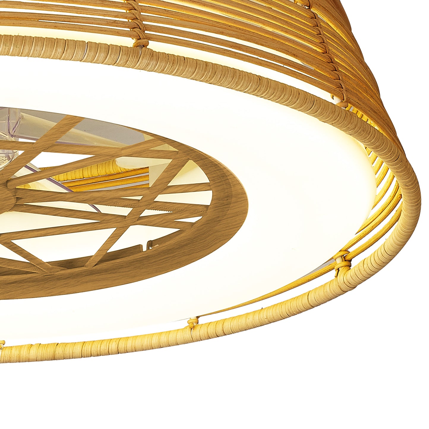 Close-up of the Indonesia Mini Beige Ceiling fan with Light from Ceiling Fans UK, featuring a circular wooden frame and a woven beige rattan design. The centerpiece highlights intersecting wooden slats surrounded by an illuminated ring, complemented by a dimmable 56cm 55W LED light and a built-in 25W DC fan, all controlled remotely.