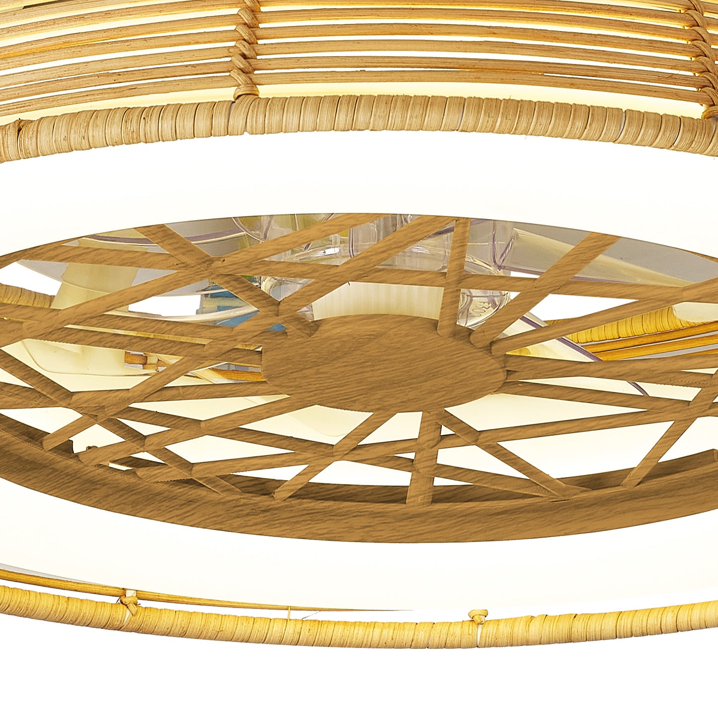 Close-up of an Indonesia Mini Beige Ceiling Fan with Light by Ceiling Fans UK, featuring a round, beige rattan design. The warm glow filters through the lattice pattern, casting an intricate display reminiscent of finely woven material. The ceiling fan includes a 56cm 55W LED dimmable light and a built-in 25W DC fan, delivering 3800lm brightness and coming with a remote control and 5-year warranty.