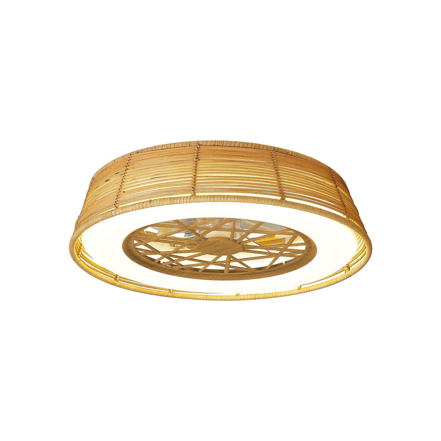 The Indonesia Mini Beige Ceiling Fan with Light, available from Ceiling Fans UK, showcases an open geometric pattern at its center reminiscent of its circular bamboo design. The outer ring emits a warm glow that contrasts beautifully with the intricate rattan detailing in the middle against a plain white background.