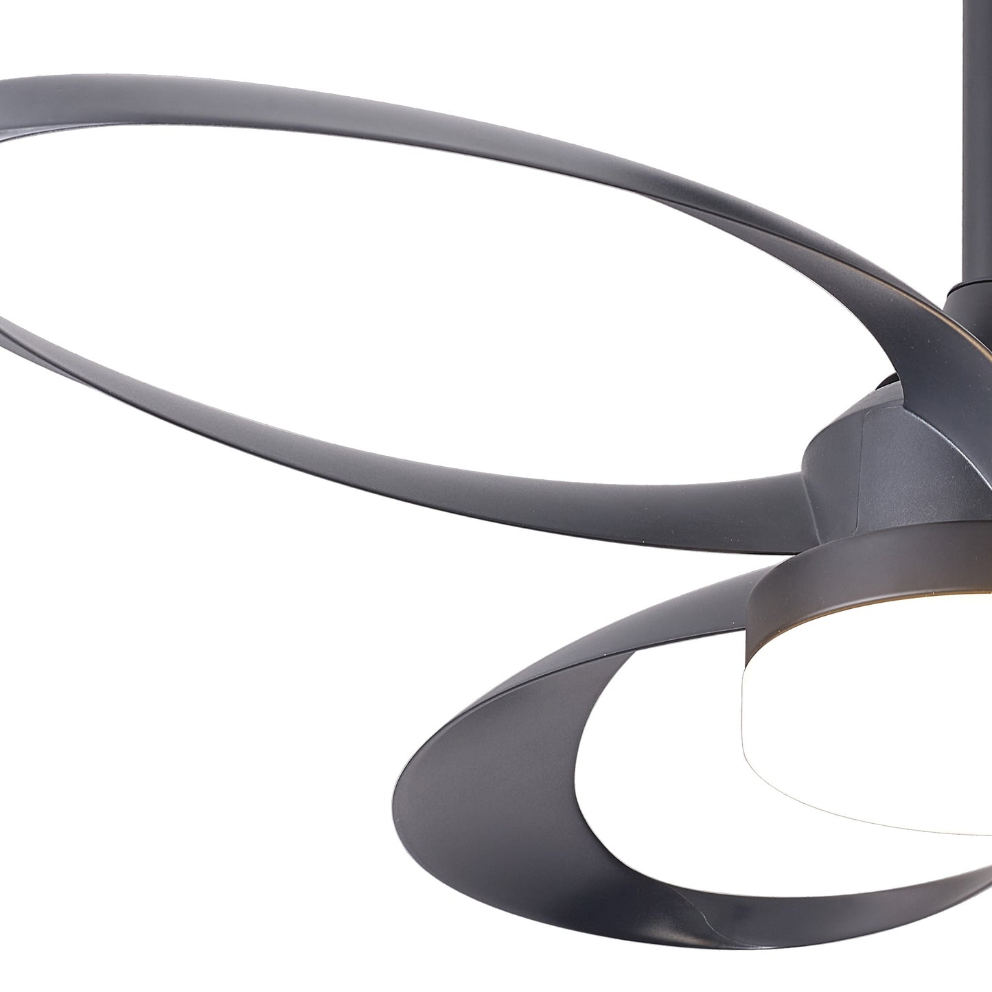Close-up of the MANTRA M8701 Infinity Black Ceiling Fan by Ceiling Fans UK, showing two sleek black blades and a central 24W dimmable LED light with built-in 30W DC reversible fan and remote, set against a plain white background.