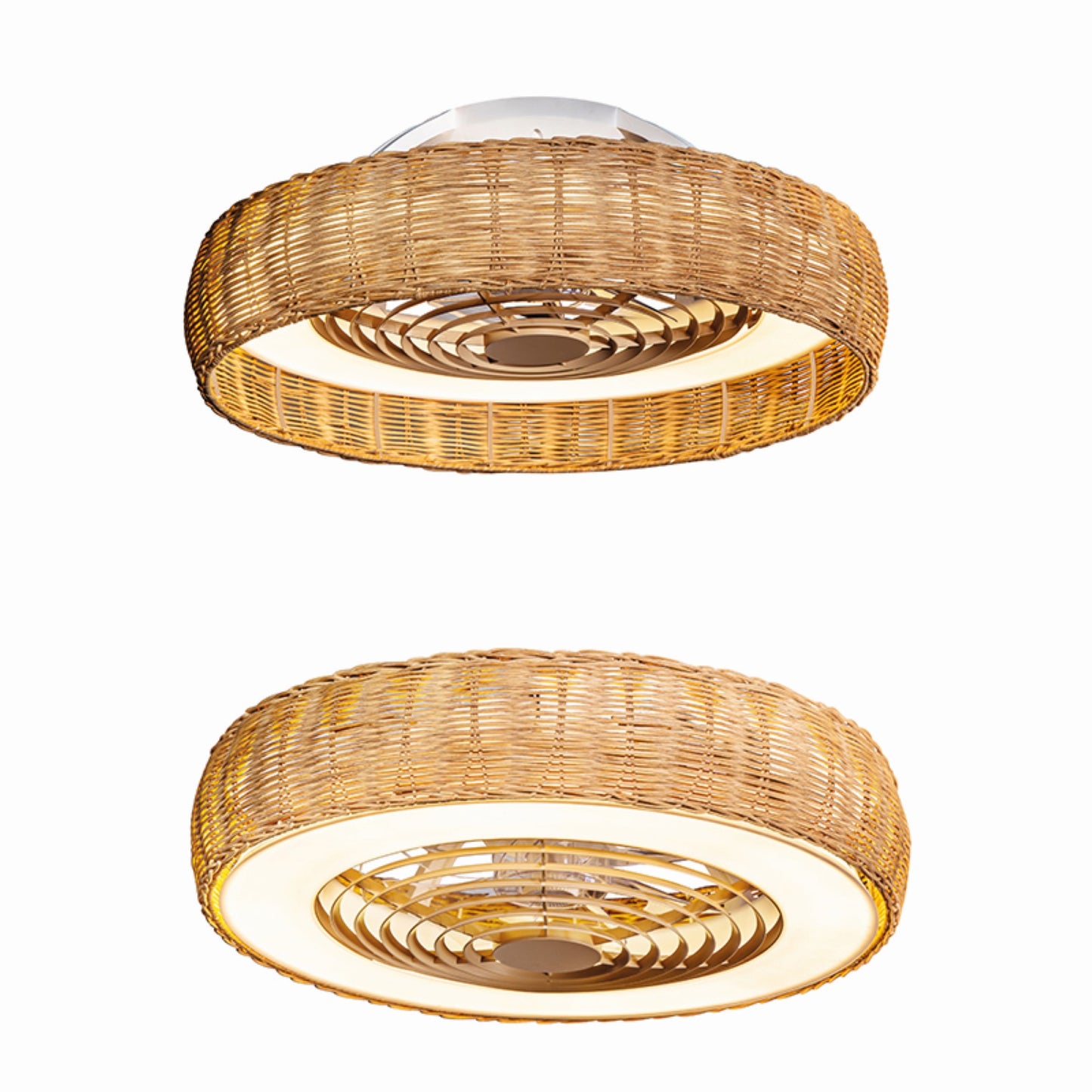 Two Kilimanjaro Mini White Fans from Ceiling Fans UK, each with a 58cm beige rattan shade, integrated 55W dimmable LED ceiling light (3800lm), and 25W DC reversible fan, are ceiling-mounted and shown from different angles. 5-year warranty included.