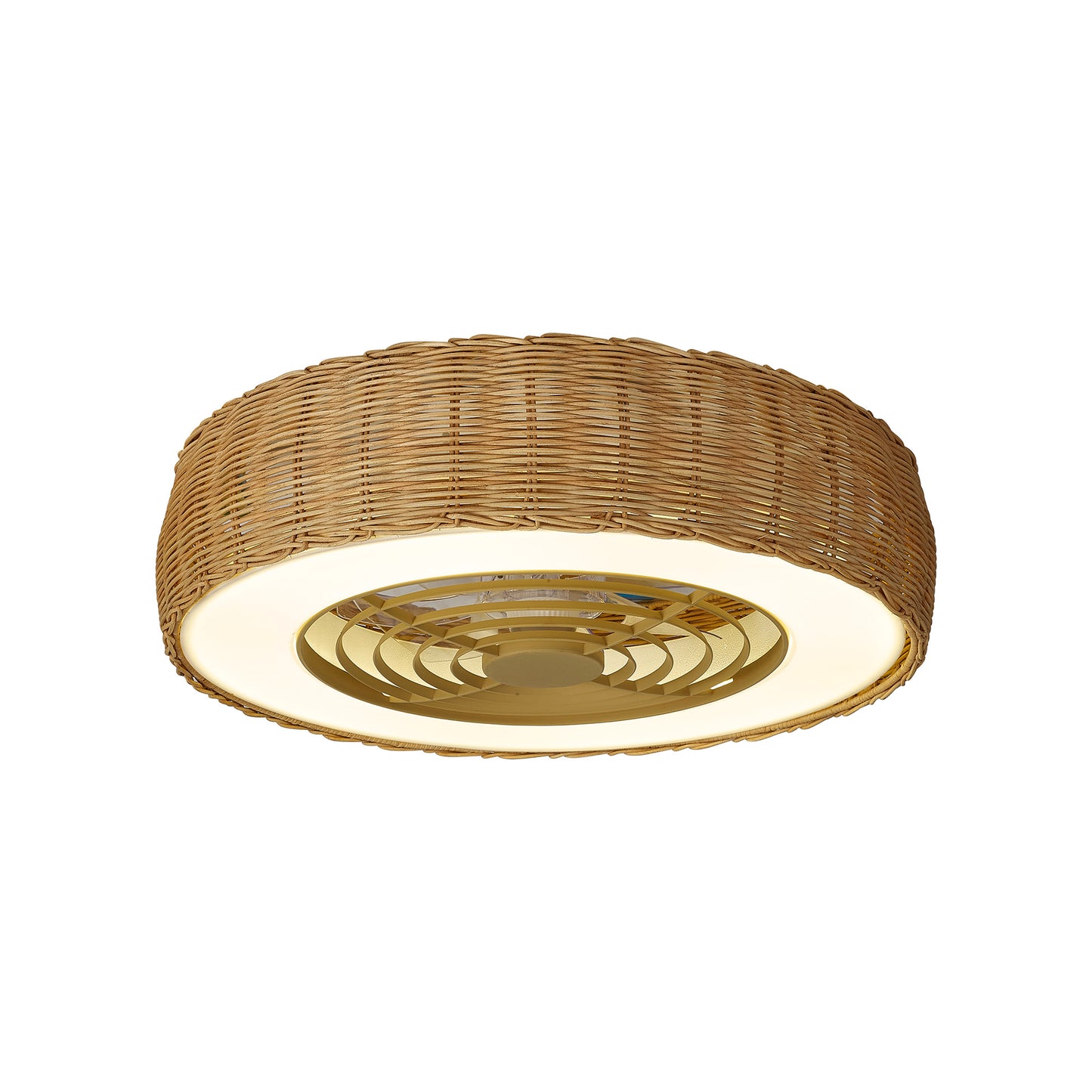 The Ceiling Fans UK Kilimanjaro Mini White Fan features a 58cm beige rattan shade, gold inner design, 55W dimmable LED light (3800lm), reversible 25W DC fan, and comes with a 5-year warranty for stylish, versatile illumination.