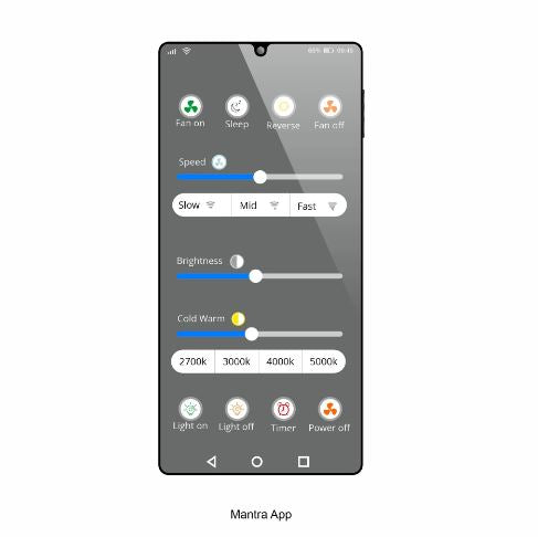A smartphone shows the MANTRA M8221 Coin Black Mini Ceiling Fan with 45W LED Dimmable Light (Ceiling Fans UK) app, allowing remote control of fan mode, speed, brightness, color temp, light, and timer via toggles and sliders.