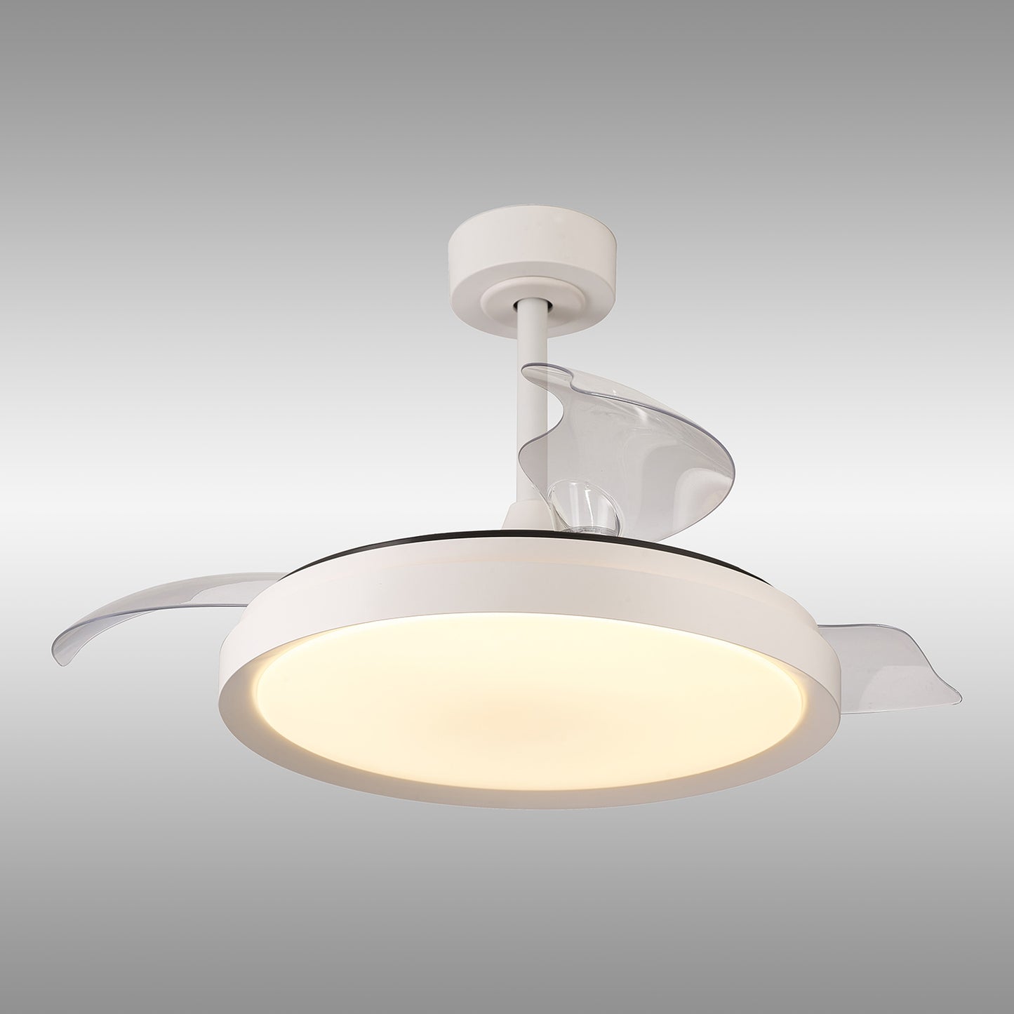The MANTRA M8826 Mistral by Ceiling Fans UK is a modern white ceiling fan with 50W dimmable LED light, built-in 28W DC fan and two clear curved blades. Enjoy customizable brightness via remote control. Includes 5-year warranty.