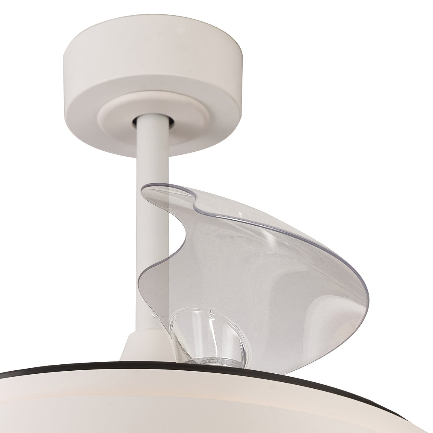 Close-up of the MANTRA M8826 Mistral White Ceiling Fan with Light by Ceiling Fans UK, featuring a curved acrylic accent, 50W dimmable LED light, built-in 28W DC fan, remote control, and stylish contemporary design.