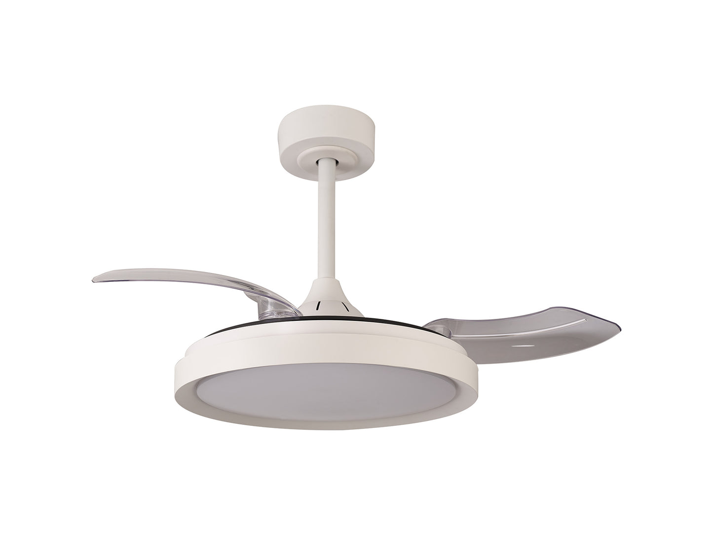 Introducing the Mistral Mini White Ceiling Fan with Light from Ceiling Fans UK, showcasing a white cylindrical motor housing and three sleek silver-toned retractable blades. This modern ceiling fan features a 40W dimmable LED center light and an integrated 28W DC fan, providing both functional illumination and contemporary design. The package includes a convenient remote control and is backed by a 5-year warranty for peace of mind.